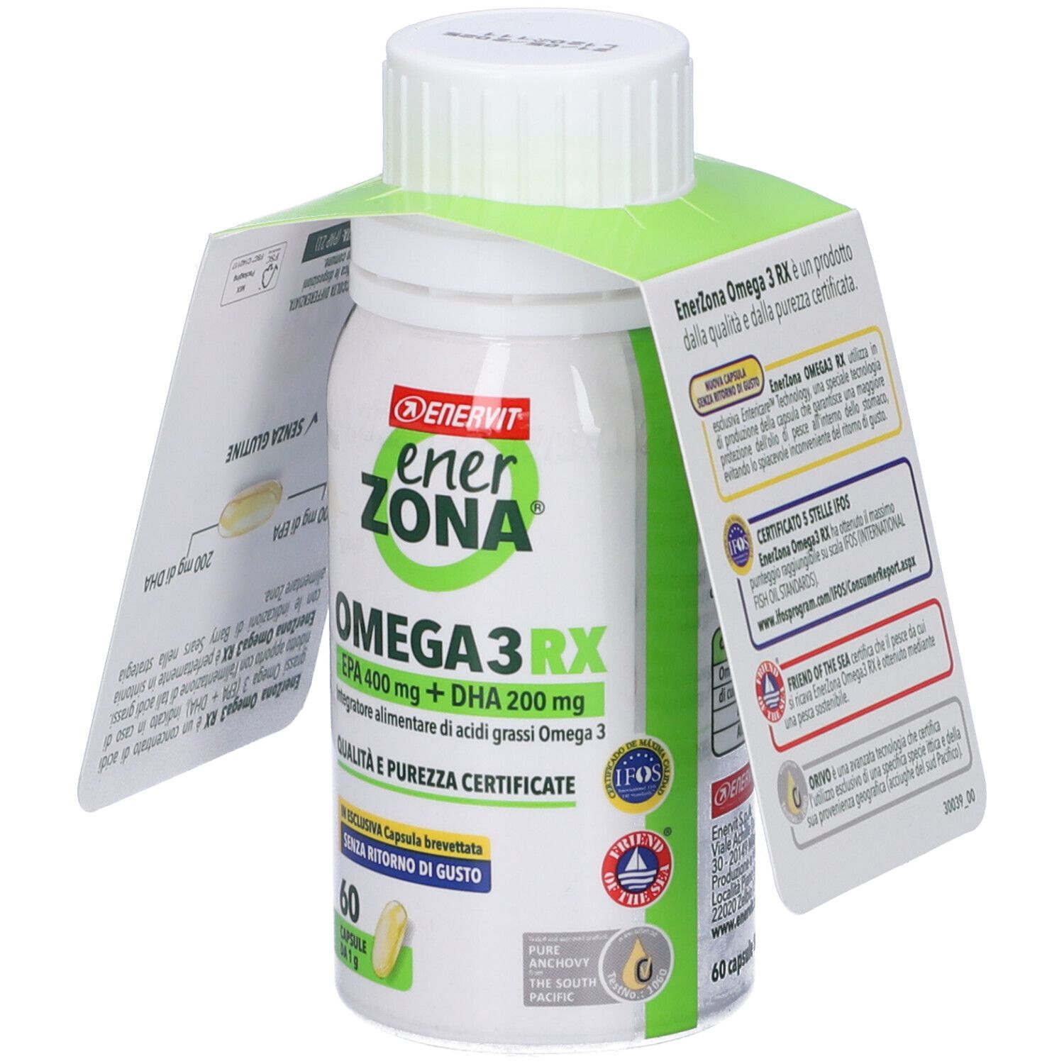 Flacone bianco con etichetta verde e bianca. Contiene capsule. Scritta: EnerZona Omega3 RX, EPA 400 mg + DHA 200 mg. Con linguetta.