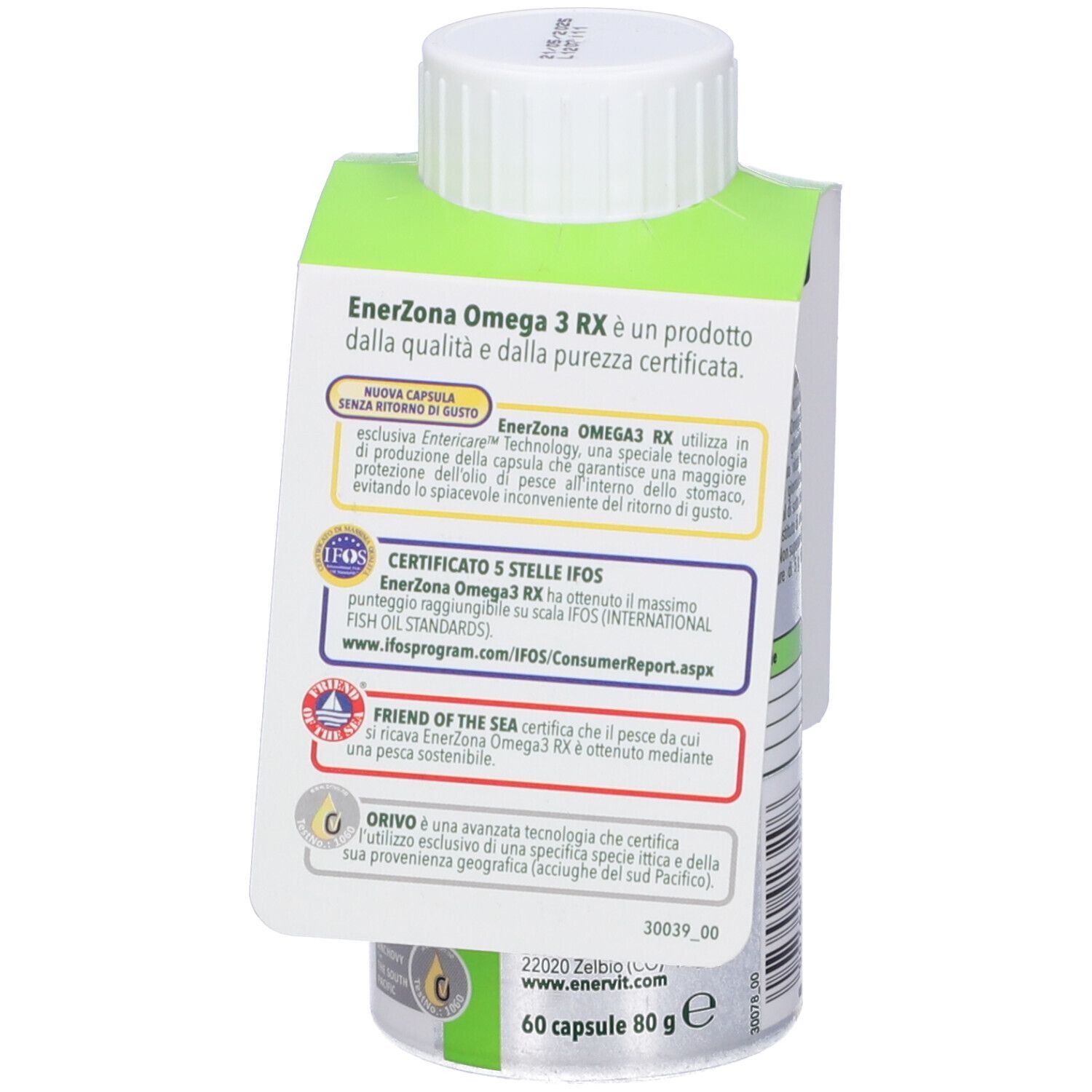 Flacone bianco con etichetta verde e bianca. Contiene capsule. Scritta: EnerZona Omega3 RX, EPA 400 mg + DHA 200 mg. Con linguetta.
