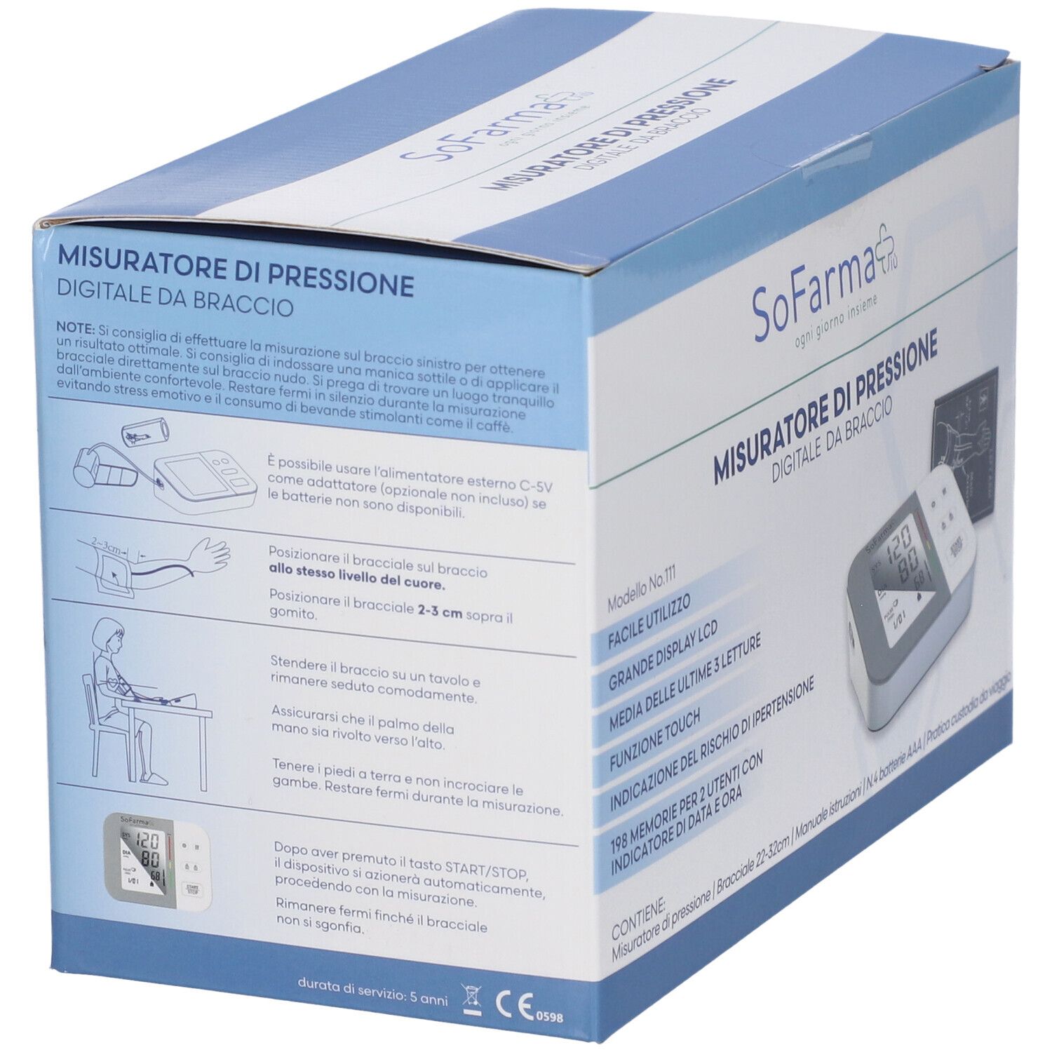 Rückseite der Verpackung eines digitalen Blutdruckmessgeräts. Enthält Illustrationen und Text. Text: Misuratore di pressione digitale da braccio.