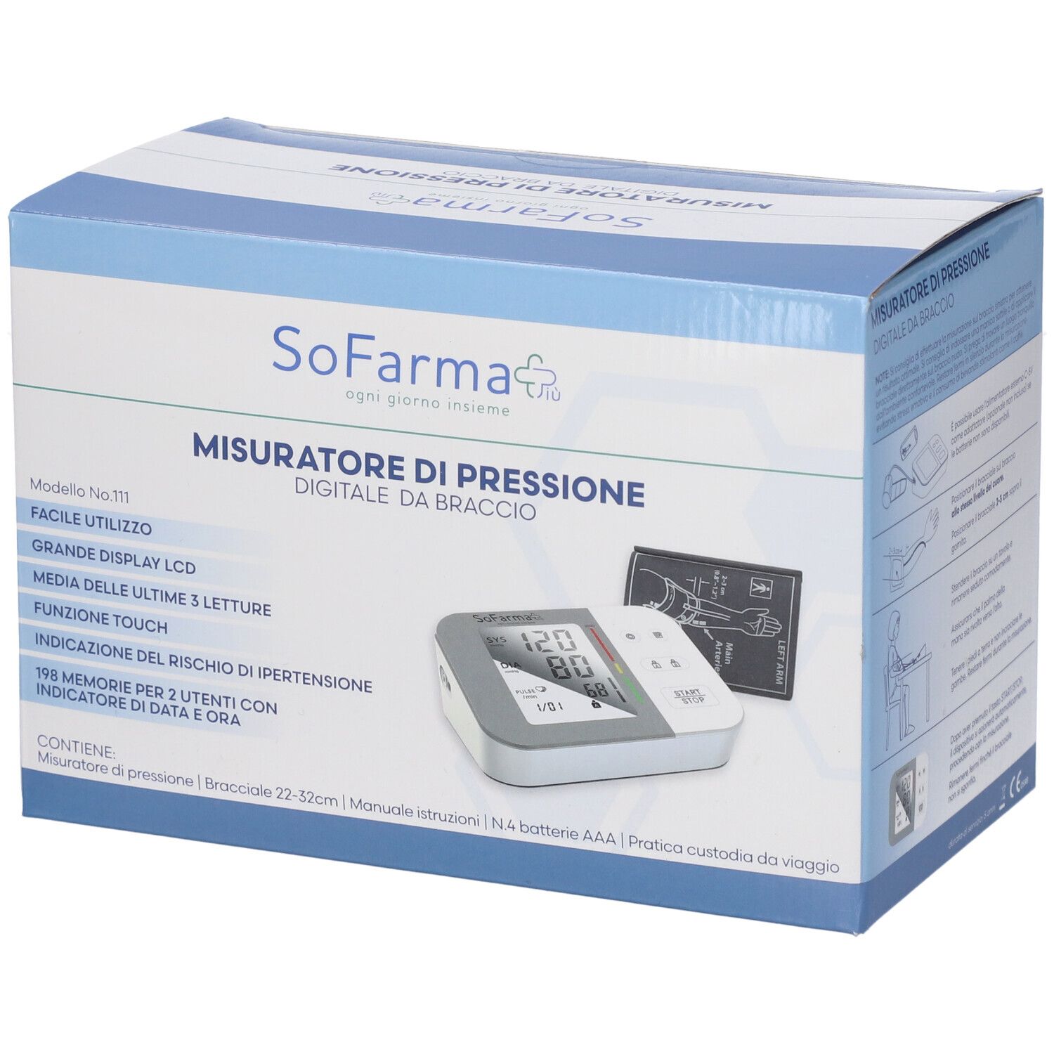 Verpackung eines digitalen Blutdruckmessgeräts. Enthält Gerät, Manschette, Batterien und Handbuch. Text: SoFarma, Misuratore di pressione.