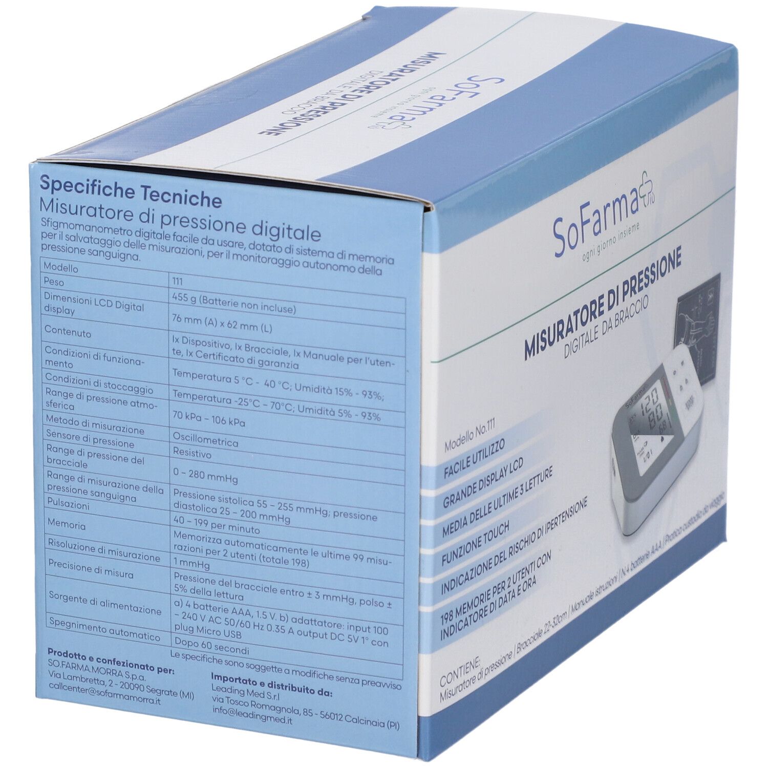 Rückseite der Verpackung eines digitalen Blutdruckmessgeräts. Enthält technische Spezifikationen. Text: Misuratore di pressione digitale da braccio.