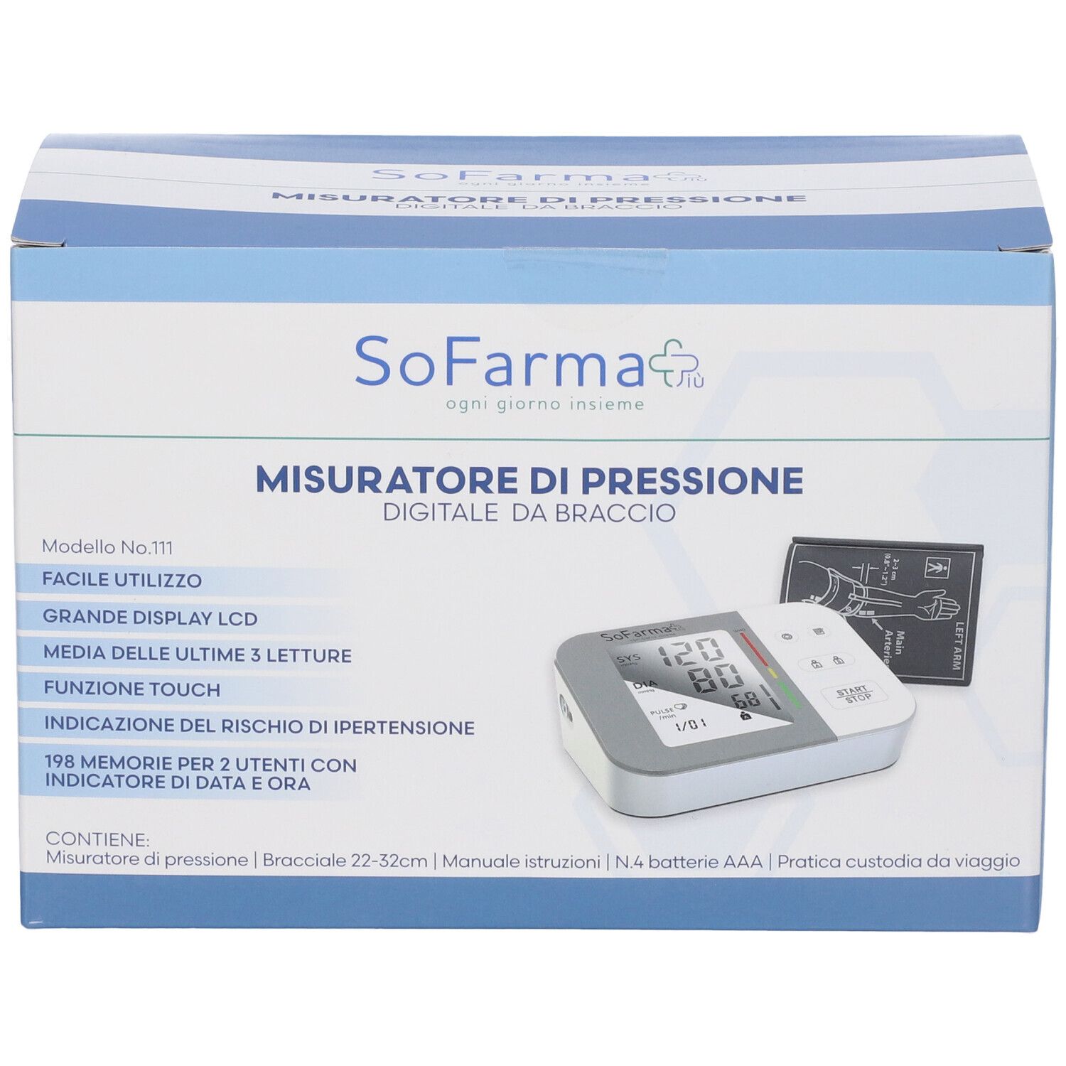 Verpackung eines digitalen Blutdruckmessgeräts. Enthält Gerät, Manschette, Batterien und Handbuch. Text: SoFarma, Misuratore di pressione.