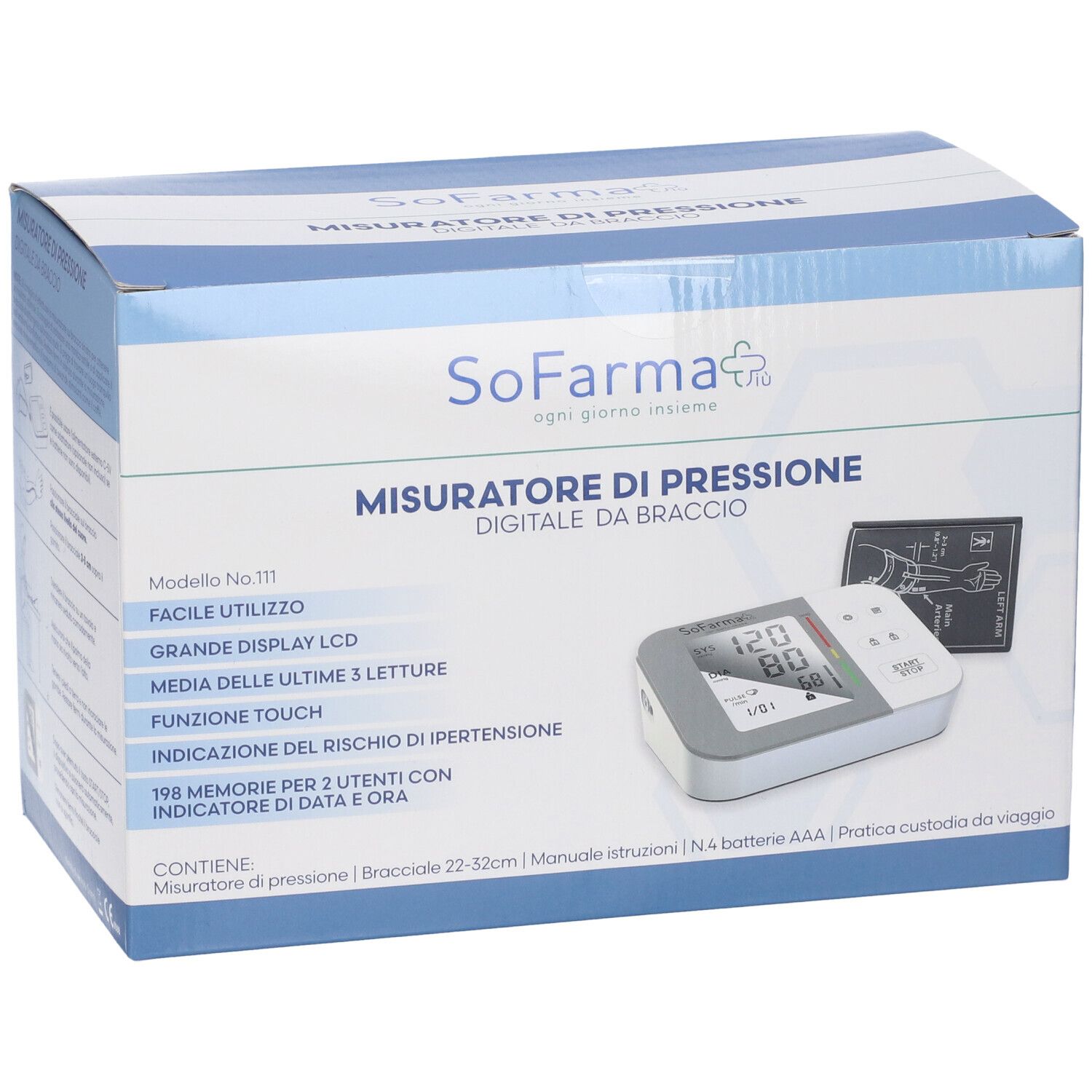 Verpackung eines digitalen Blutdruckmessgeräts. Enthält Gerät, Manschette, Batterien und Handbuch. Text: SoFarma, Misuratore di pressione.