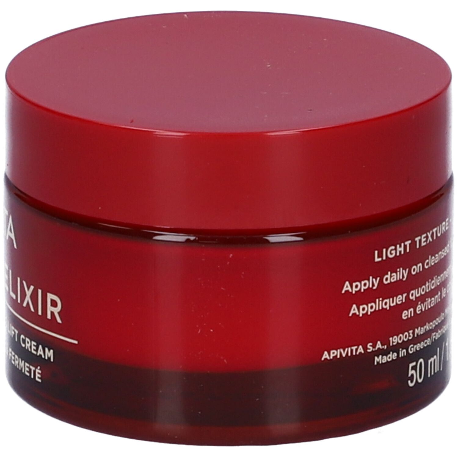 Vaso di crema rosso con coperchio rosso. Scritta: APIVITA BEEVINE ELIXIR. Testo: WRINKLE & FIRMNESS LIFT CREAM. Crème lift rides & fermeté.