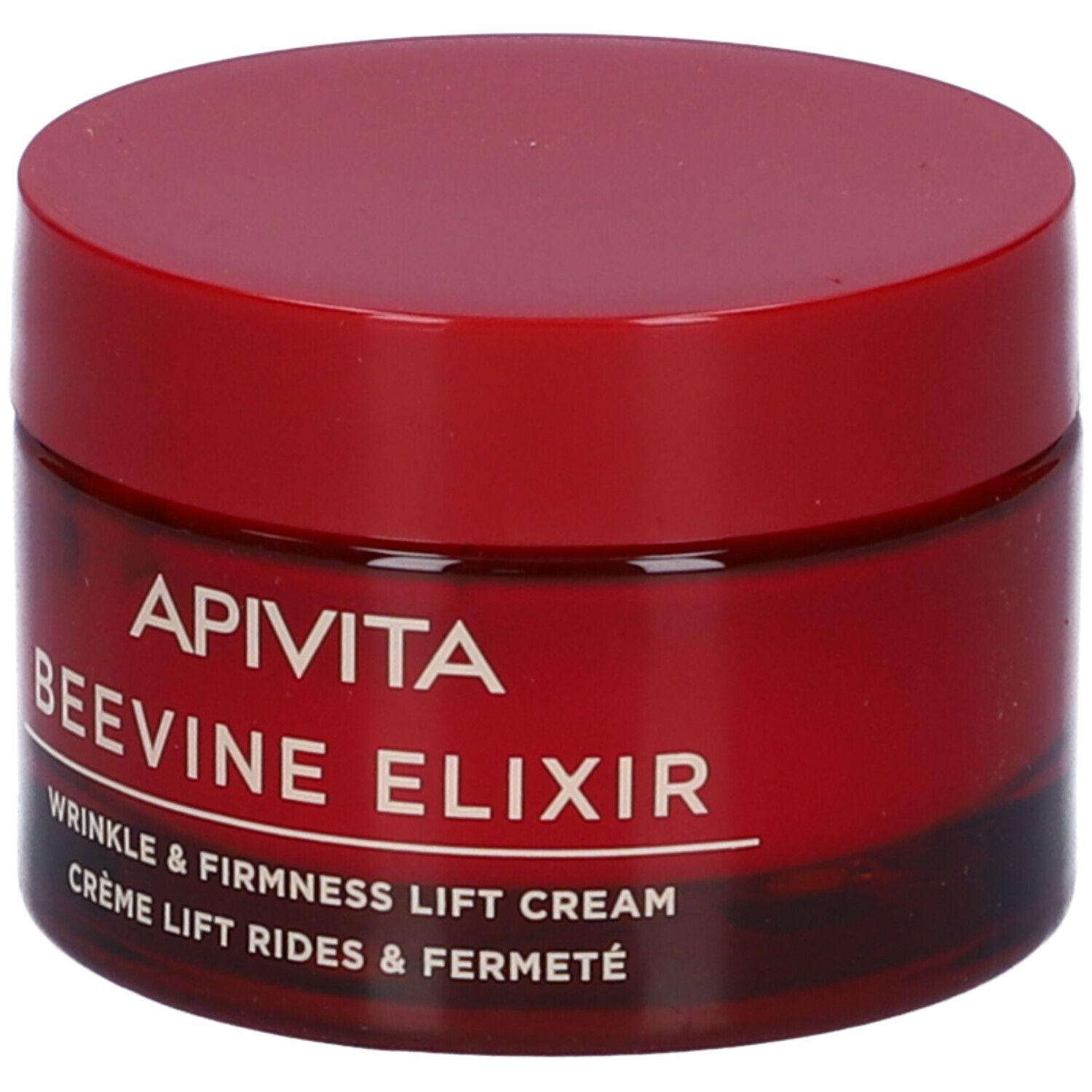 Vaso di crema rosso con coperchio rosso. Scritta: APIVITA BEEVINE ELIXIR. Testo: WRINKLE & FIRMNESS LIFT CREAM. Crème lift rides & fermeté.