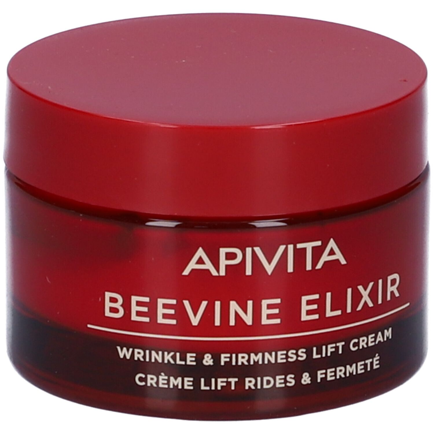 Vaso di crema rosso con coperchio rosso. Scritta: APIVITA BEEVINE ELIXIR. Testo: WRINKLE & FIRMNESS LIFT CREAM. Crème lift rides & fermeté.