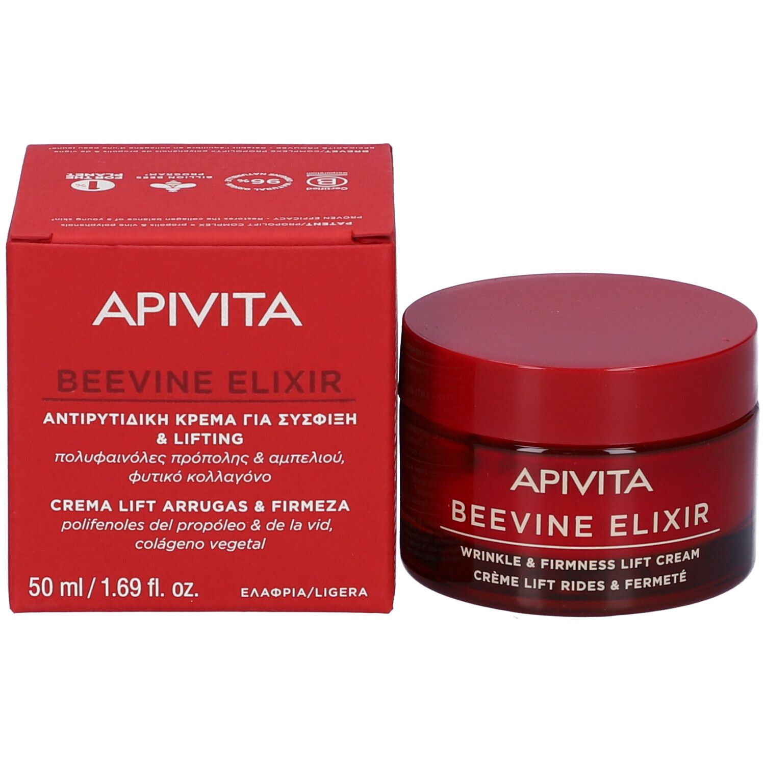 Vaso di crema rosso e scatola. Testo: APIVITA BEEVINE ELIXIR. Testo: WRINKLE & FIRMNESS LIFT CREAM. Crème lift rides & fermeté. Testo sulla scatola.