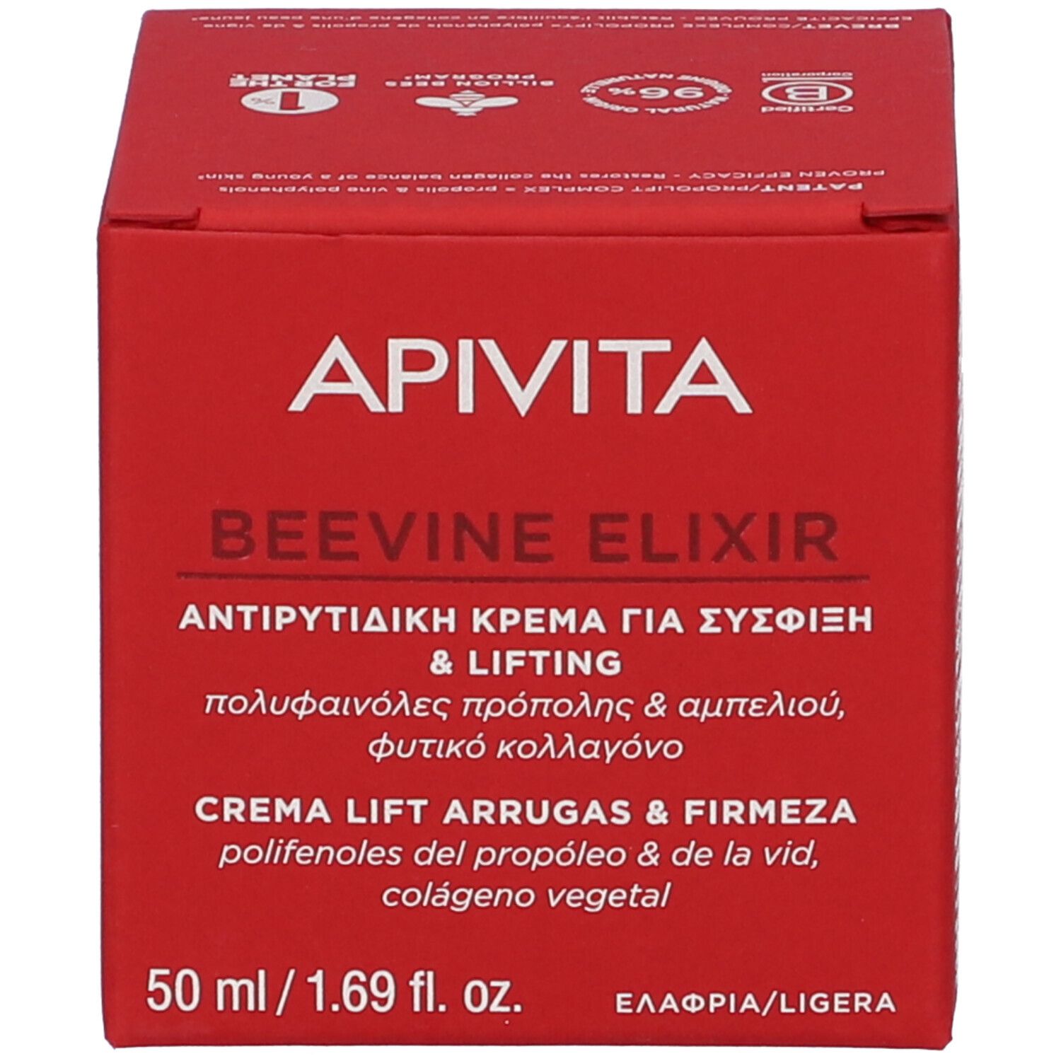 Scatola rossa. Testo: APIVITA BEEVINE ELIXIR. Testo: WRINKLE & FIRMNESS LIFT CREAM. Crème lift rides & fermeté. Testo sulla scatola.