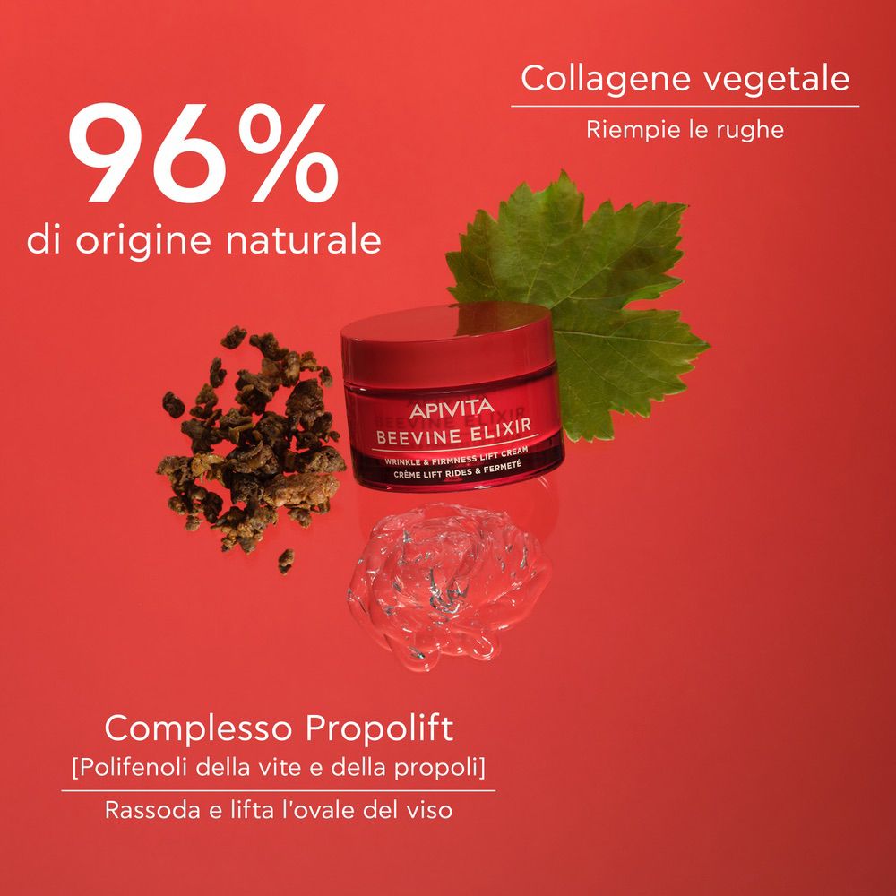 Vaso di crema rosso con ingredienti. Testo: APIVITA BEEVINE ELIXIR. Testo: WRINKLE & FIRMNESS LIFT CREAM. Crème lift rides & fermeté. 96% di origine naturale.