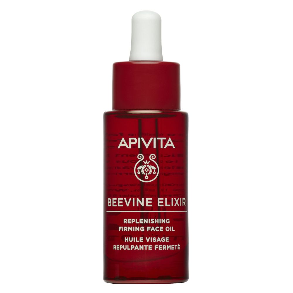 Flacone rosso scuro con contagocce bianco. Scritta: APIVITA, BEEVINE ELIXIR, Replenishing Firming Face Oil.