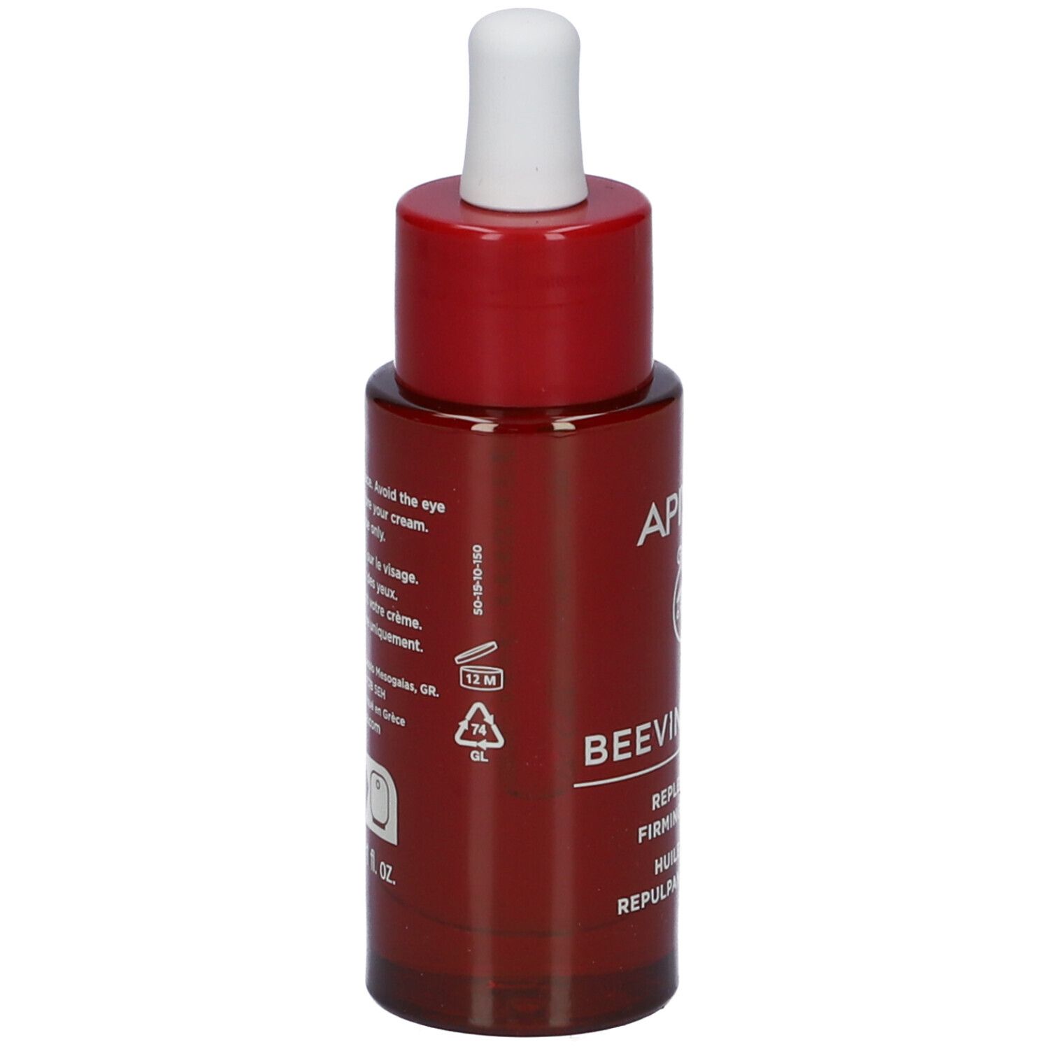 Flacone rosso scuro con contagocce bianco. Scritta: APIVITA, BEEVINE ELIXIR, Replenishing Firming Face Oil.