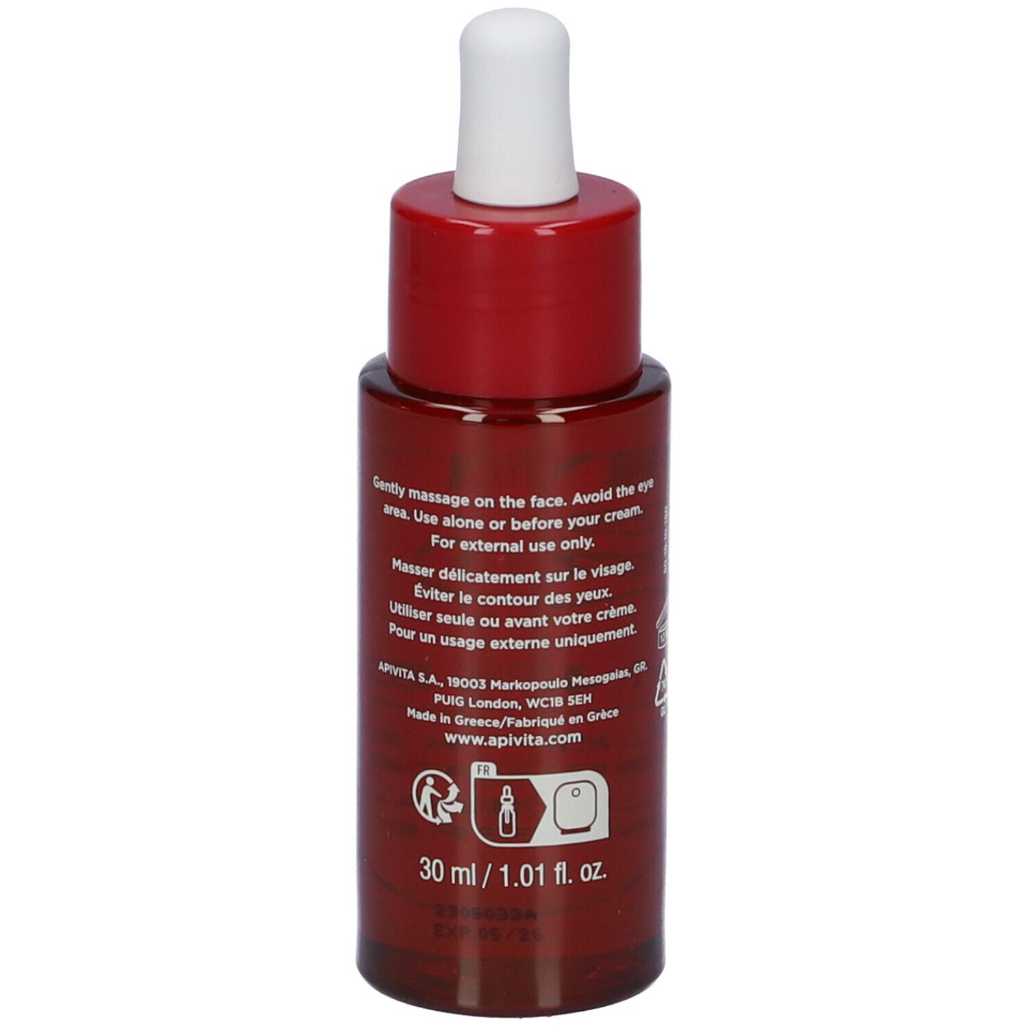 Flacone rosso scuro con contagocce bianco. Scritta: APIVITA, BEEVINE ELIXIR, Replenishing Firming Face Oil.