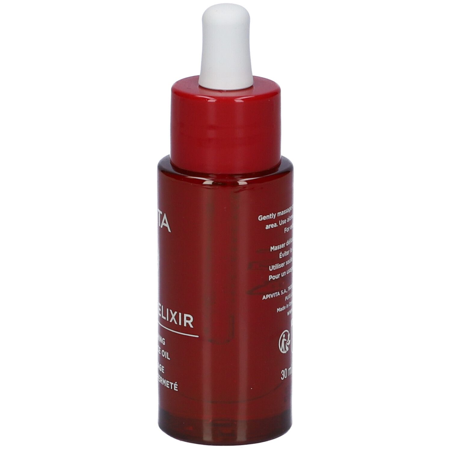 Flacone rosso scuro con contagocce bianco. Scritta: APIVITA, BEEVINE ELIXIR, Replenishing Firming Face Oil.
