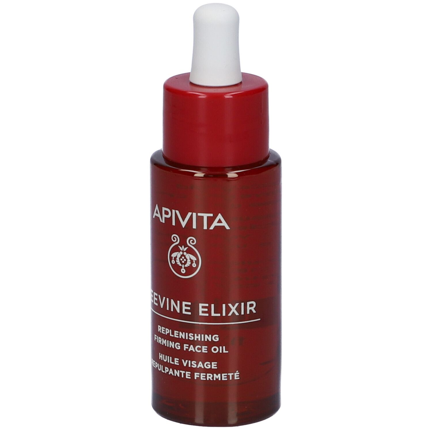 Flacone rosso scuro con contagocce bianco. Scritta: APIVITA, BEEVINE ELIXIR, Replenishing Firming Face Oil.