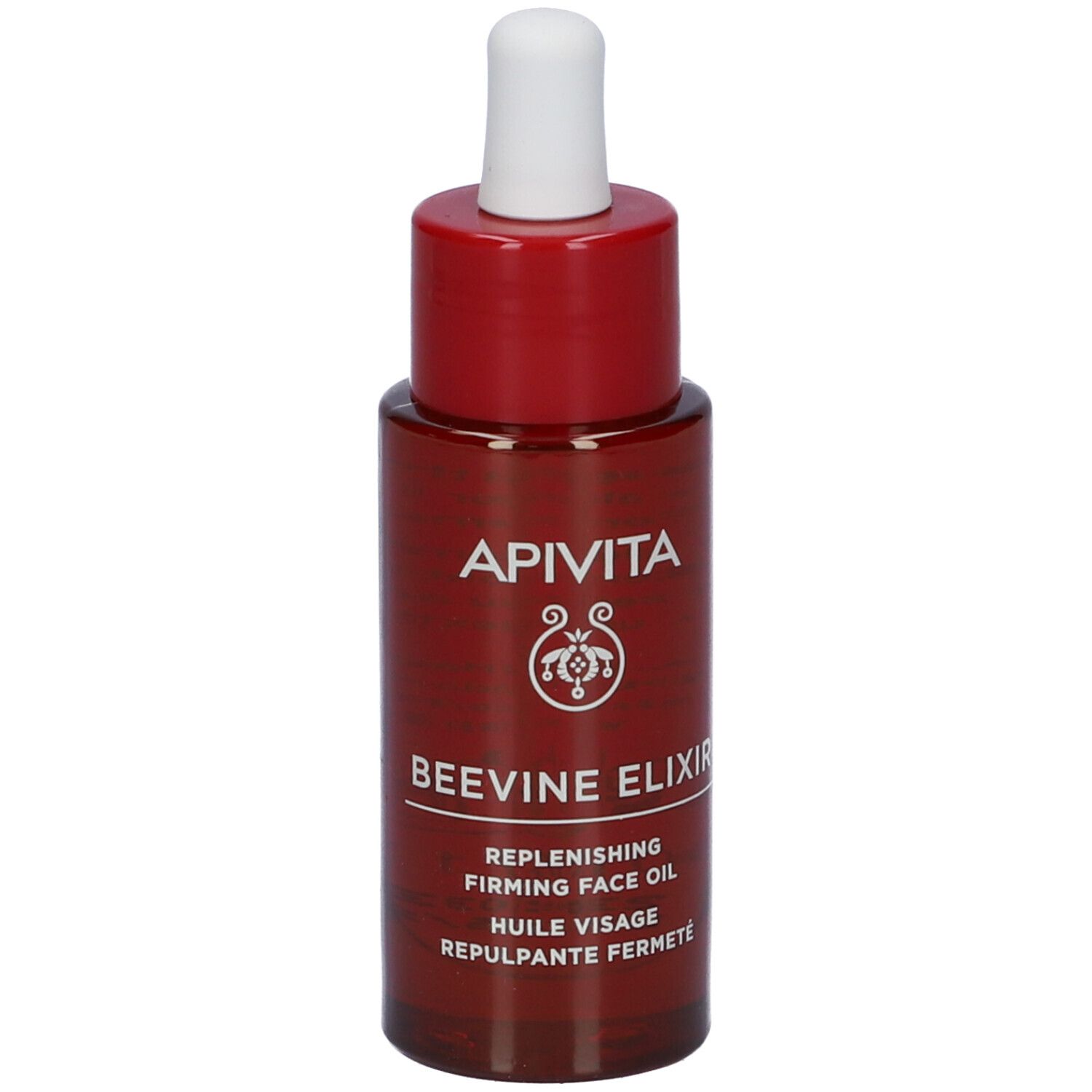 Flacone rosso scuro con contagocce bianco e confezione rossa. Scritta: APIVITA, BEEVINE ELIXIR, Replenishing Firming Face Oil.