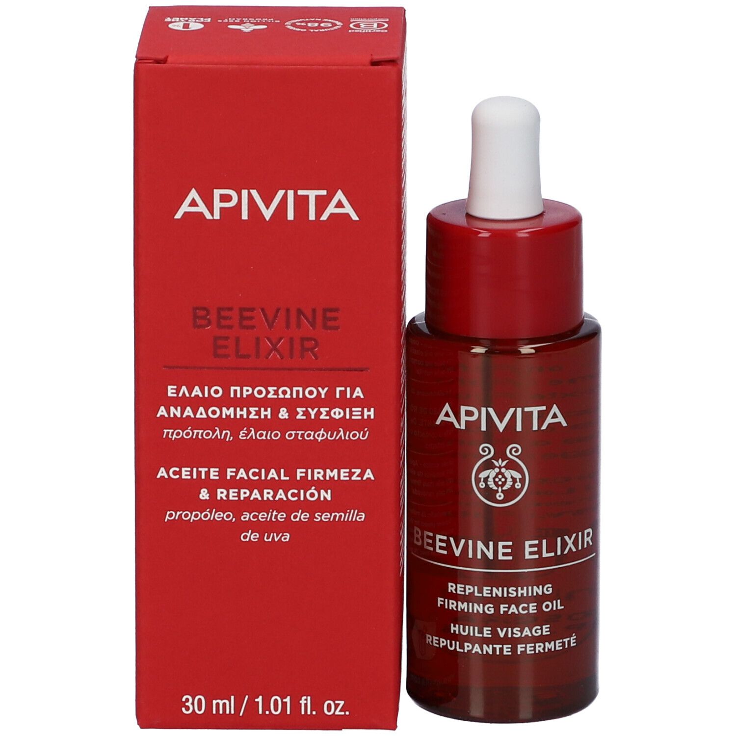 Confezione rossa. Scritta: APIVITA, BEEVINE ELIXIR, Replenishing Firming Face Oil.