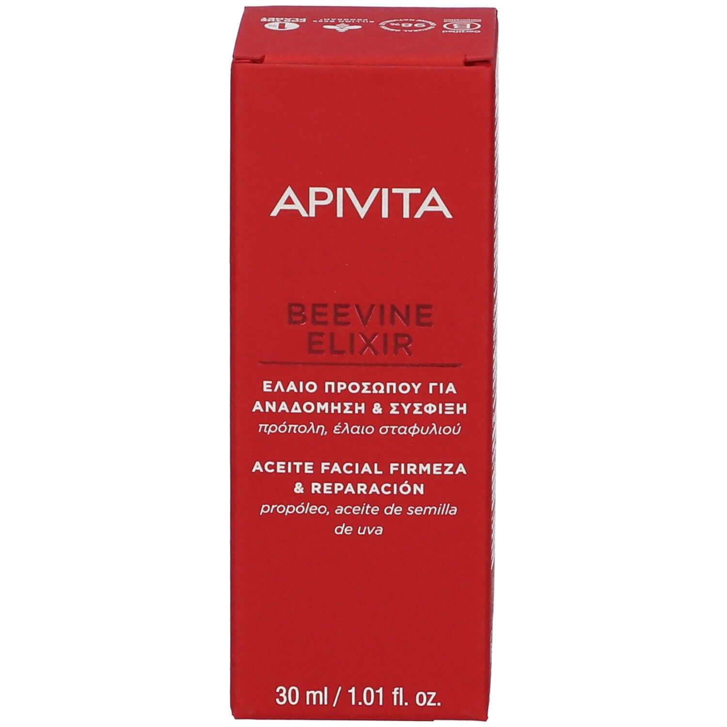 Confezione rossa. Scritta: APIVITA, BEEVINE ELIXIR, Replenishing Firming Face Oil.