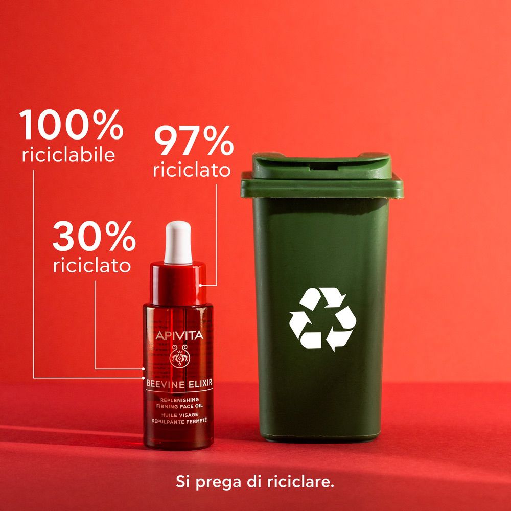 Flacone e bidone. Testo: 100% riciclabile, 97% riciclato, 30% riciclato. Si prega di riciclare.