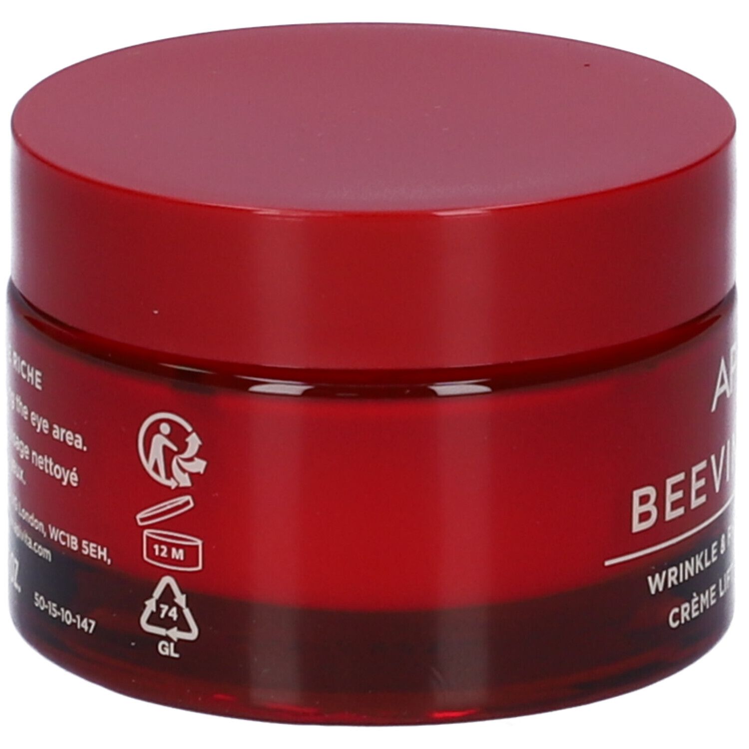 Vaso di crema rosso. Retro con testo e simboli.