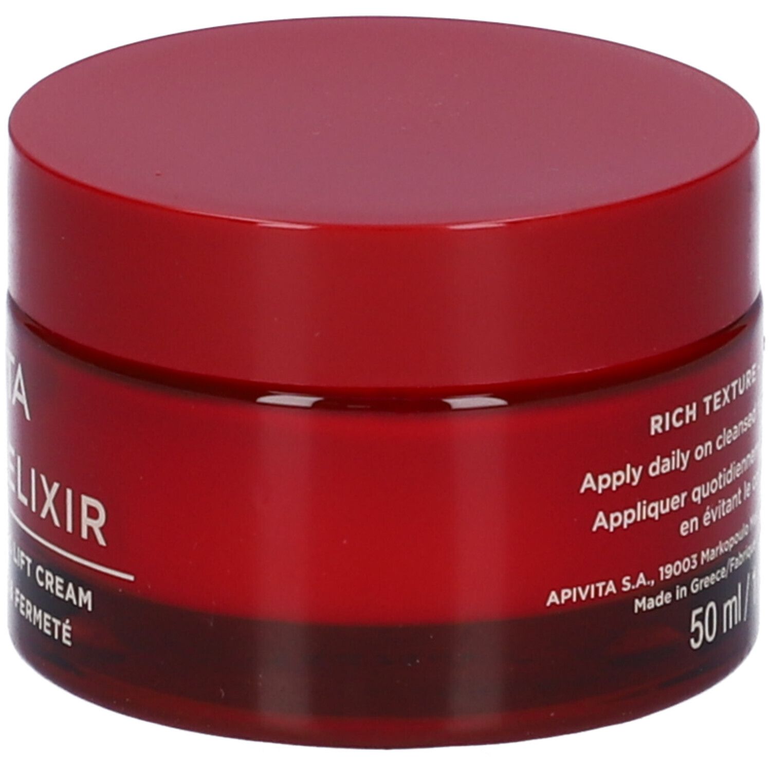 Vaso di crema rosso. Testo: APIVITA BEEVINE ELIXIR. 50 ml.