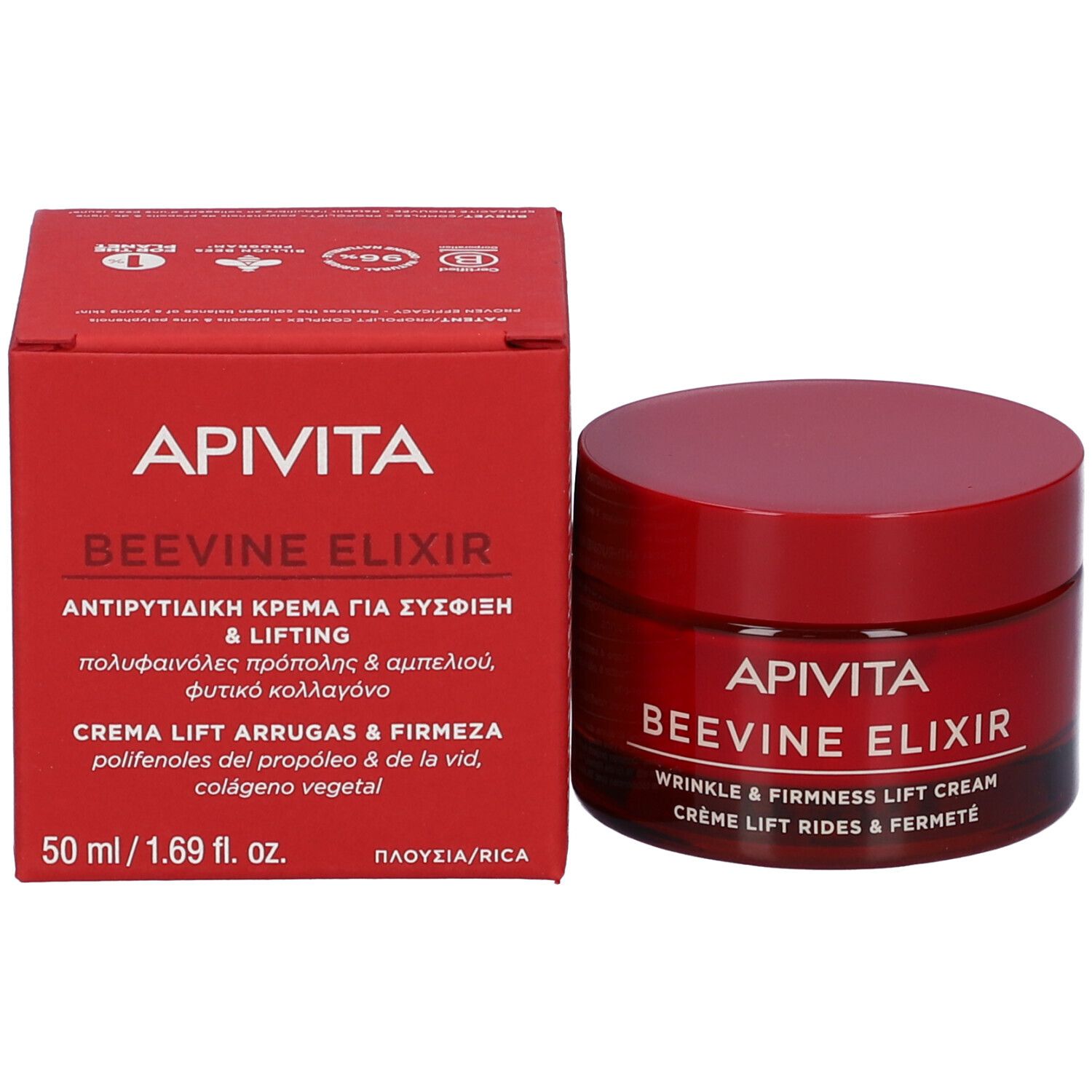 Scatola e vaso rossi: APIVITA BEEVINE ELIXIR. Crema liftante antirughe.