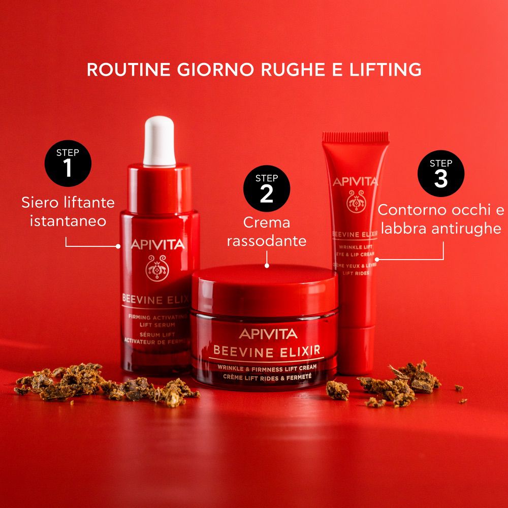 Tre prodotti rossi: siero, crema e contorno occhi. APIVITA BEEVINE ELIXIR.