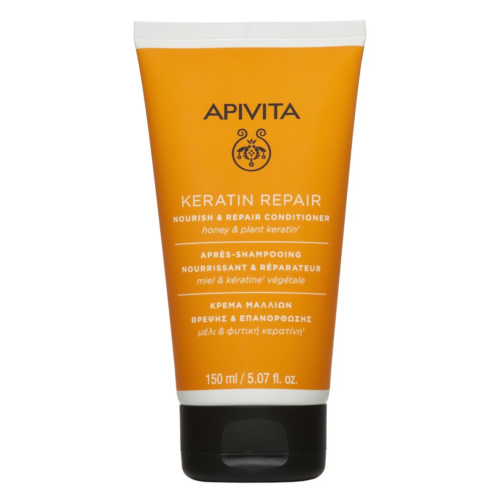 Tubo giallo con tappo nero. Scritta: APIVITA, Keratin Repair, Nourish & Repair Conditioner. 150 ml.