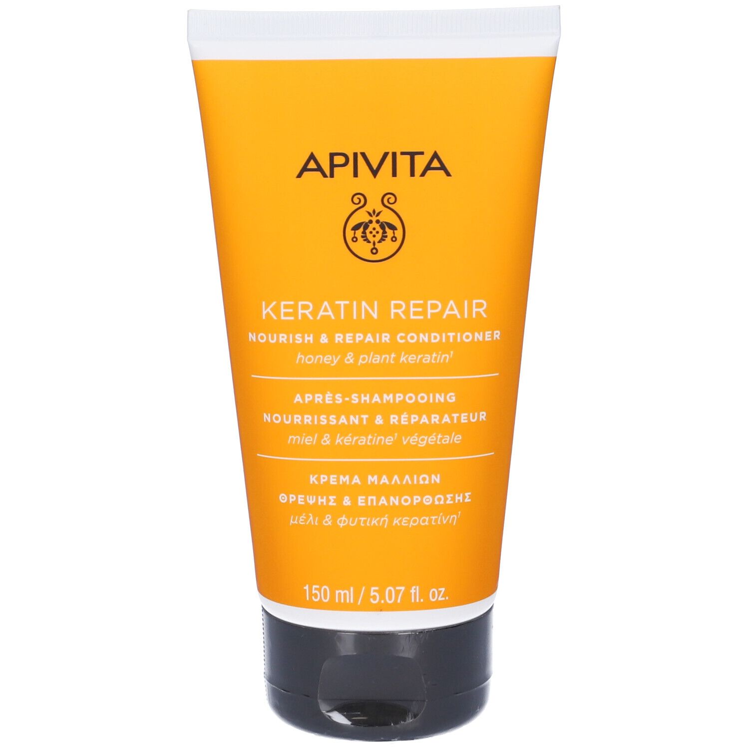 Tubo giallo con tappo nero. Scritta: APIVITA, Keratin Repair, Nourish & Repair Conditioner. 150 ml.