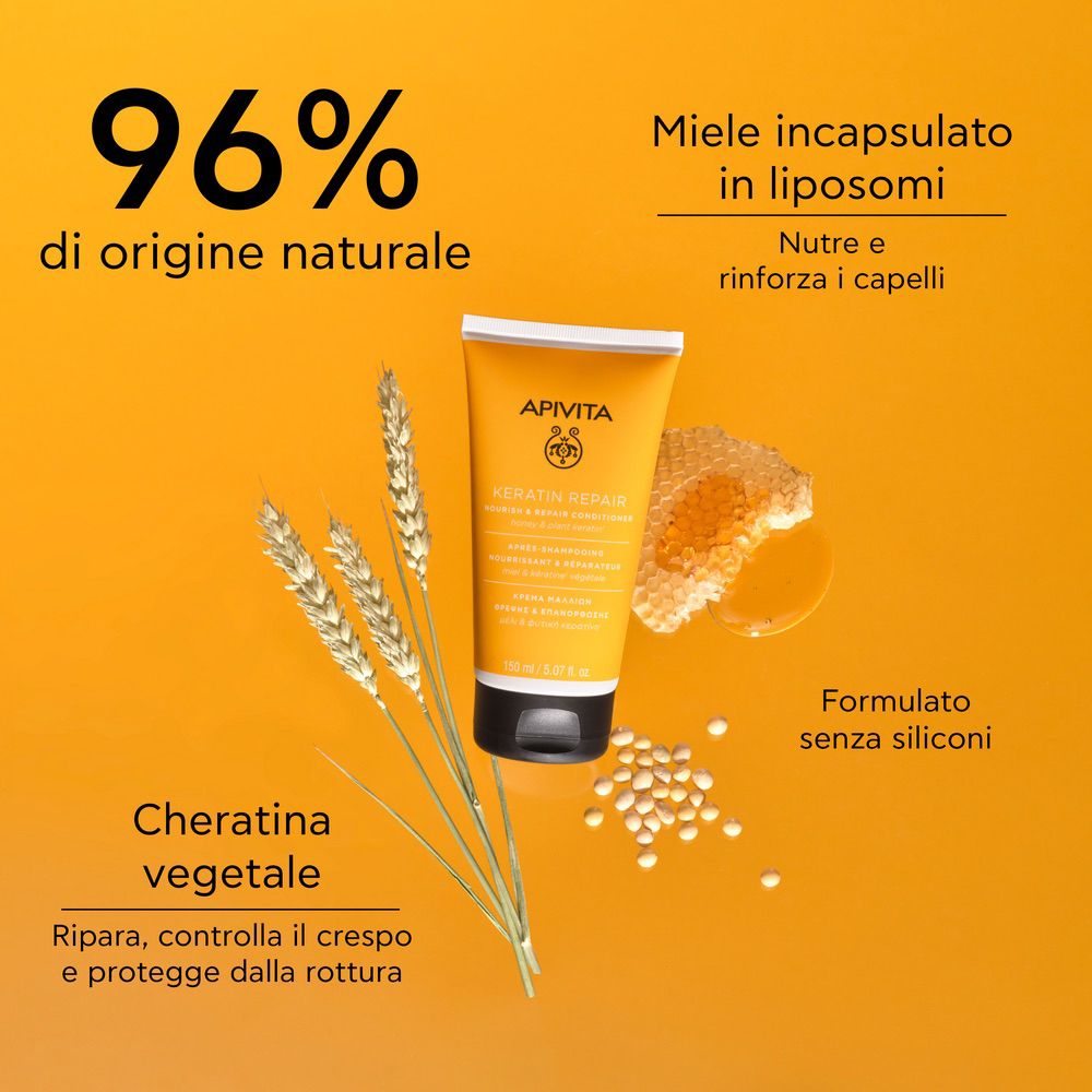 Tubo giallo, spighe di grano, favo, api. Testo: 96% di origine naturale, Cheratina vegetale, Formulato senza siliconi.