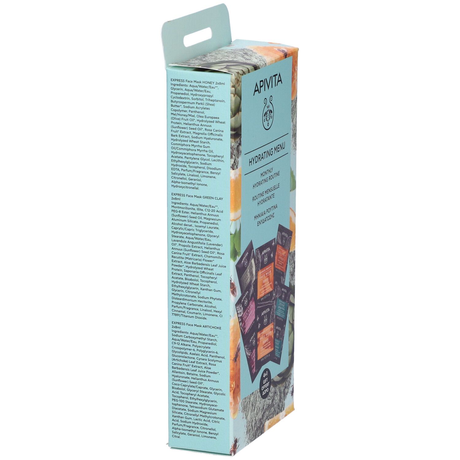 Confezione blu stretta con informazioni sul prodotto e ingredienti. Marchio: Apivita. Testo: Hydrating Menu.