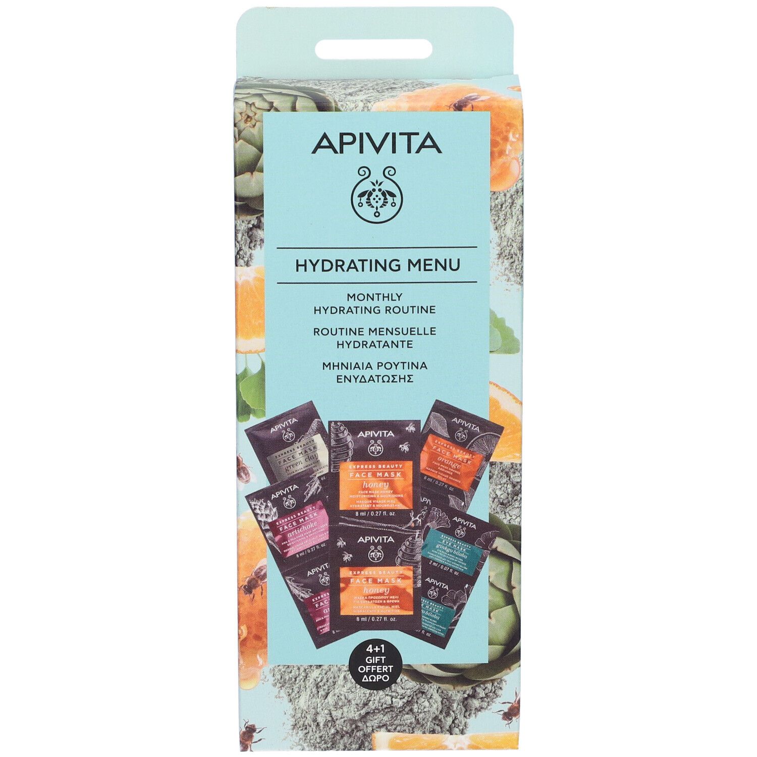 Confezione regalo con maschere per il viso. Contiene diverse maschere in bustine. Marchio: Apivita. Testo: Hydrating Menu.