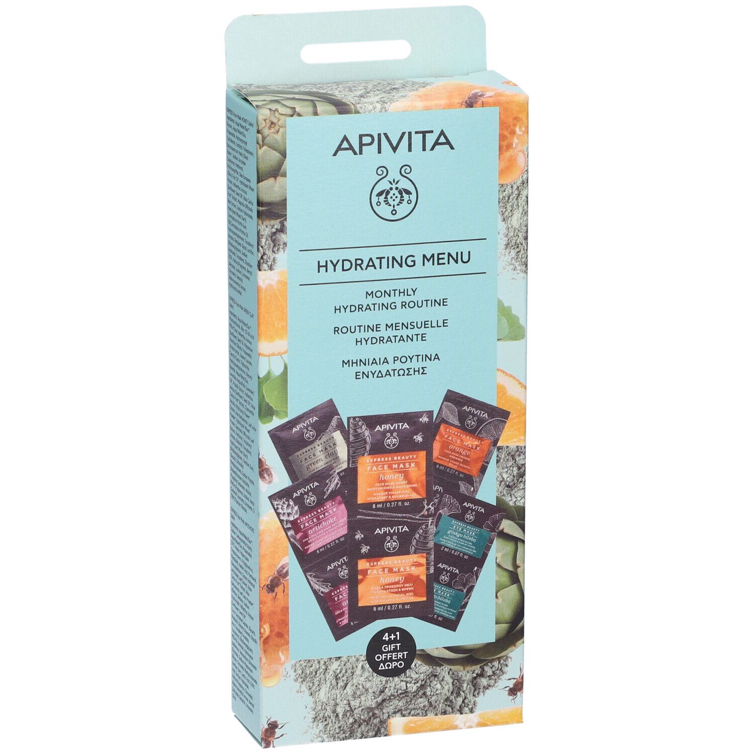 Confezione regalo con maschere per il viso. Contiene diverse maschere in bustine. Marchio: Apivita. Testo: Hydrating Menu.