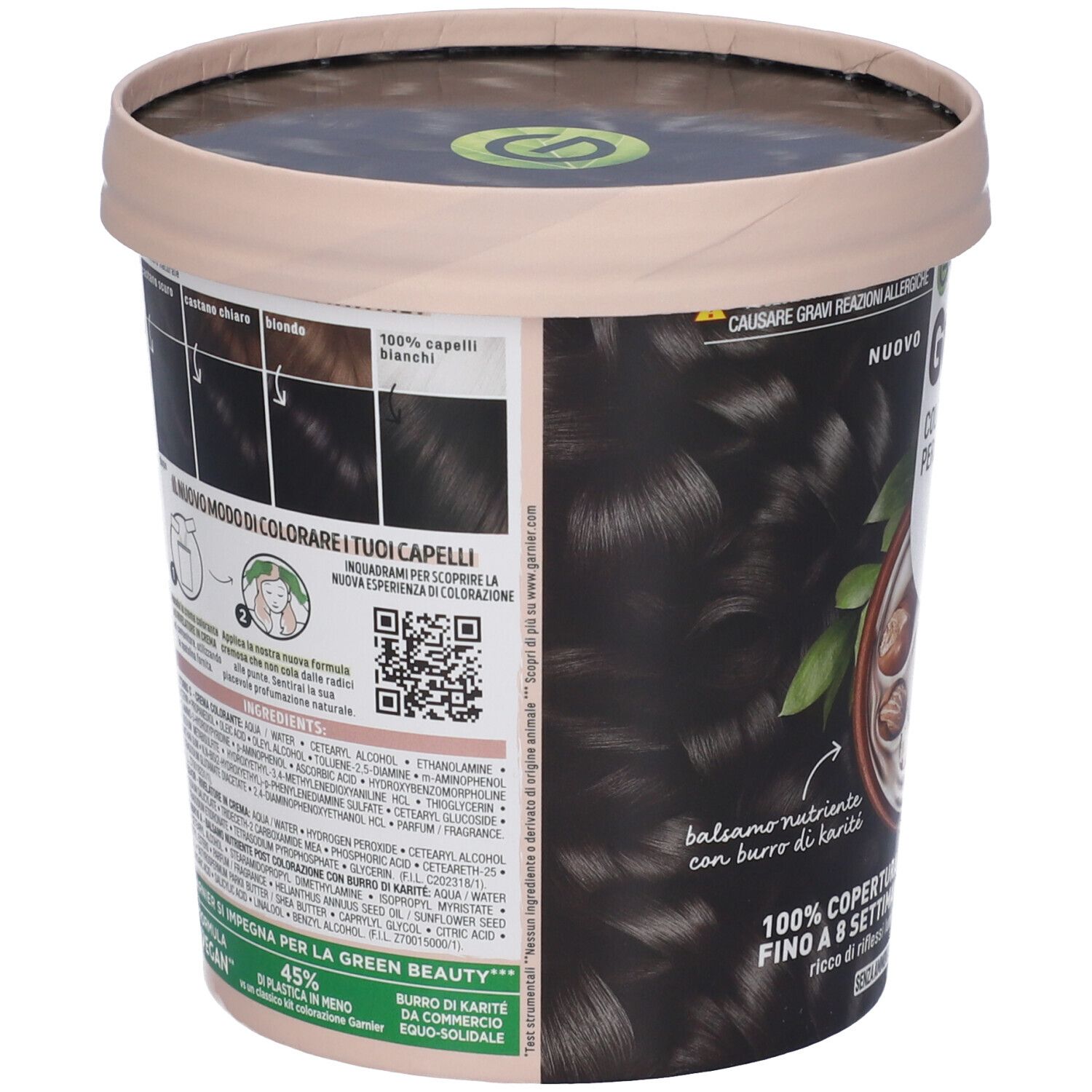 Garnier Good Colorazione Permanente, confezione. Retro con ingredienti e istruzioni. Copertura 100% capelli bianchi.
