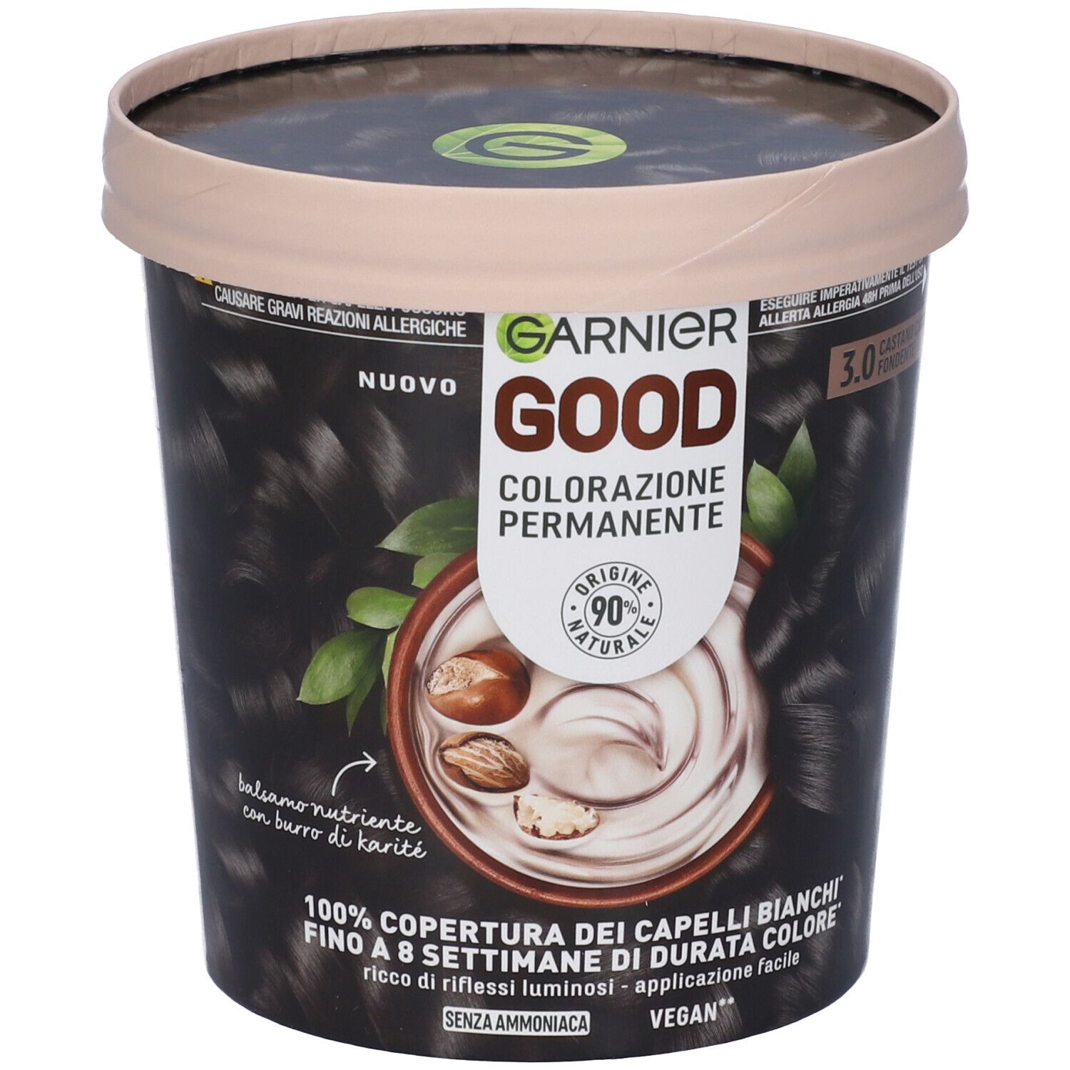 Garnier Good Colorazione Permanente, confezione. Scritto: 3.0 Castano Cioccolato Fondente. Copertura 100% capelli bianchi.