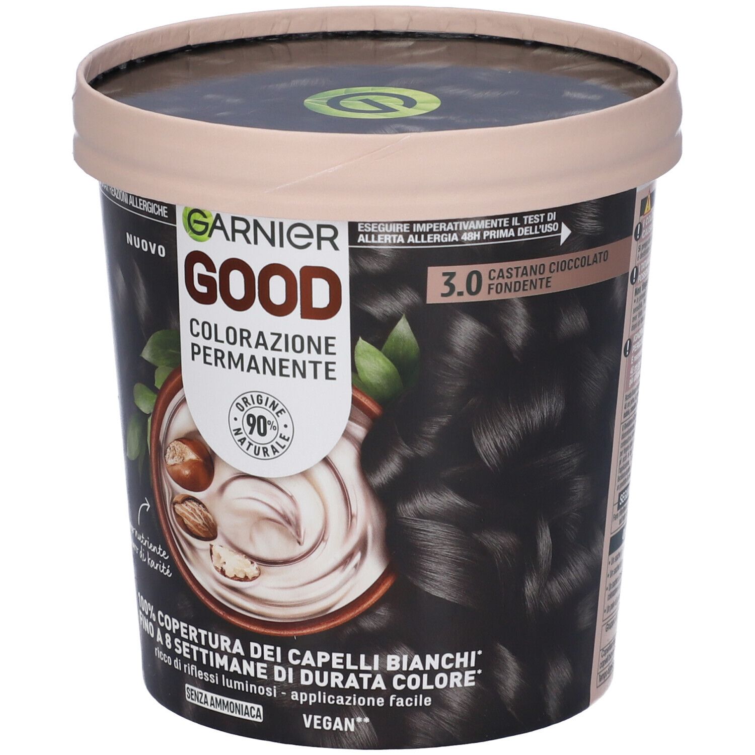 Garnier Good Colorazione Permanente, confezione. Scritto: 3.0 Castano Cioccolato Fondente. Copertura 100% capelli bianchi.