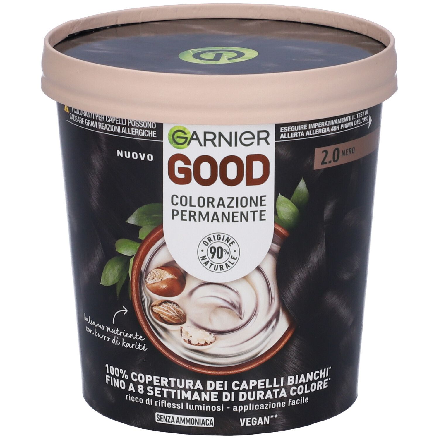 Garnier Good Colorazione Permanente 2.0 Nero. Tinta per capelli nera in contenitore rotondo. Logo e dettagli prodotto.