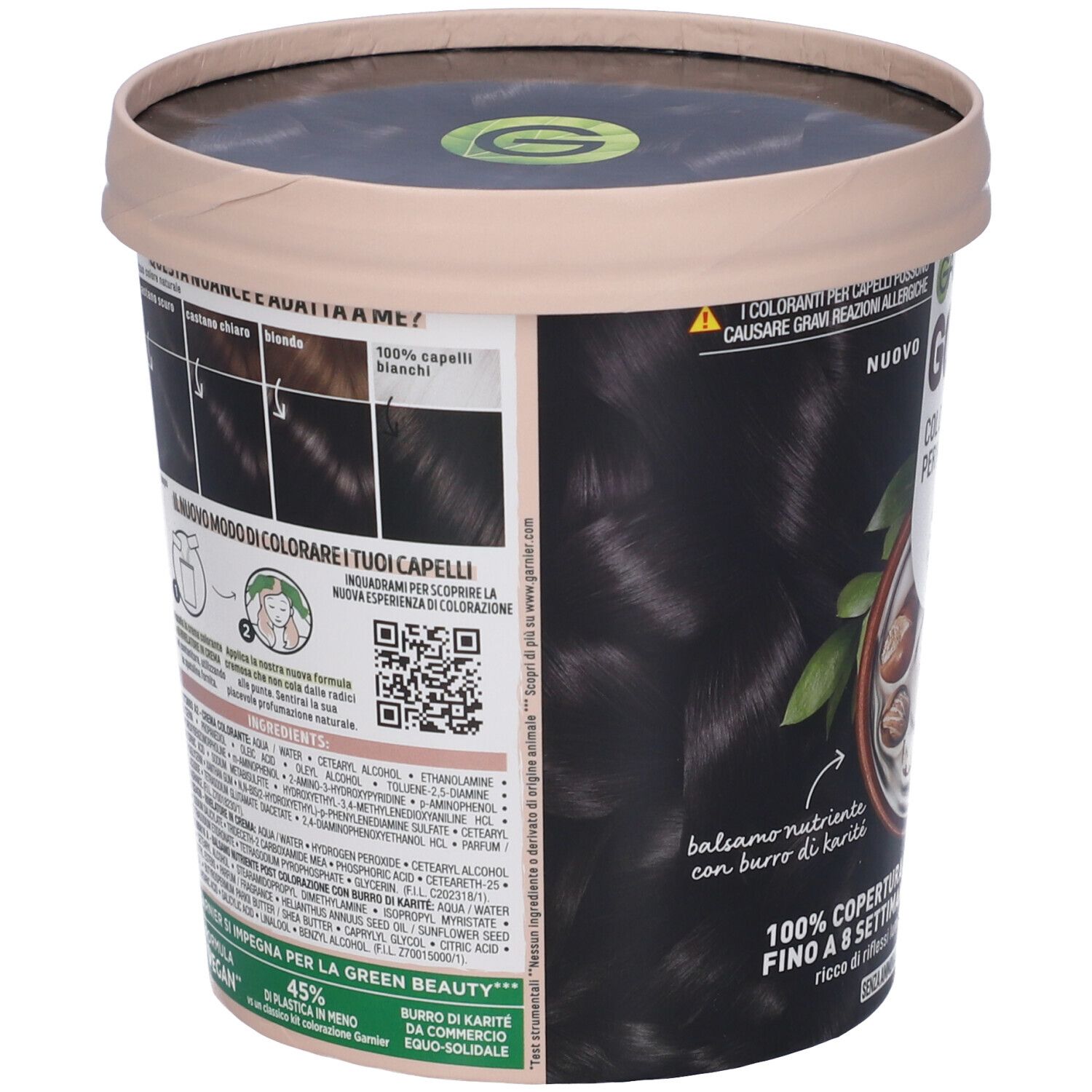 Garnier Good Colorazione Permanente 2.0 Nero. Retro della tinta. Ingredienti, istruzioni e codice QR visibili.
