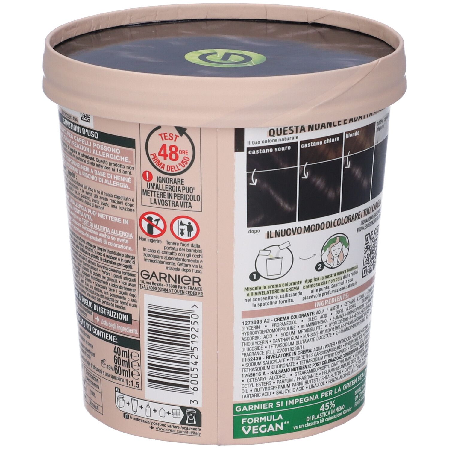 Garnier Good Colorazione Permanente 2.0 Nero. Retro della tinta. Istruzioni, ingredienti e test allergico.