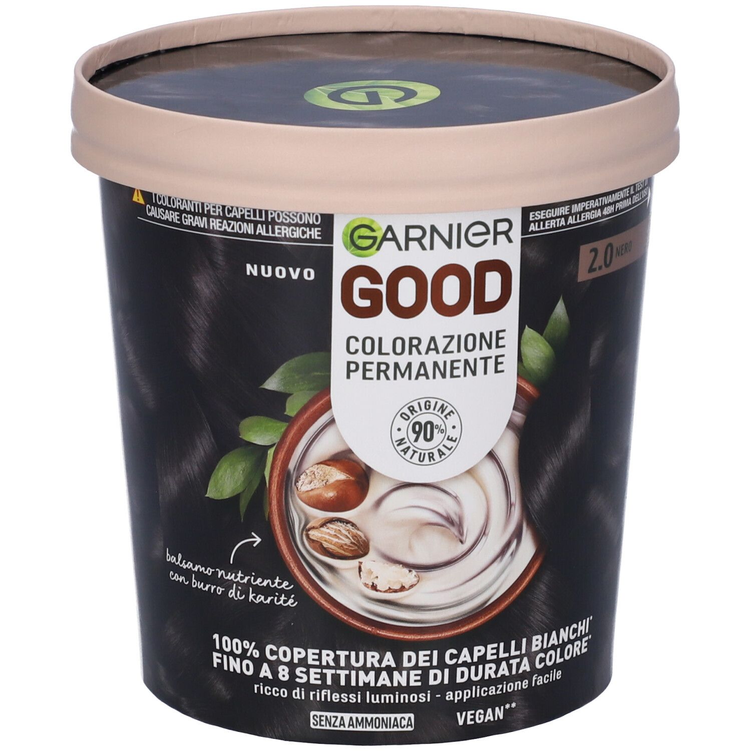 Garnier Good Colorazione Permanente 2.0 Nero. Tinta per capelli nera in contenitore rotondo. Logo e dettagli.