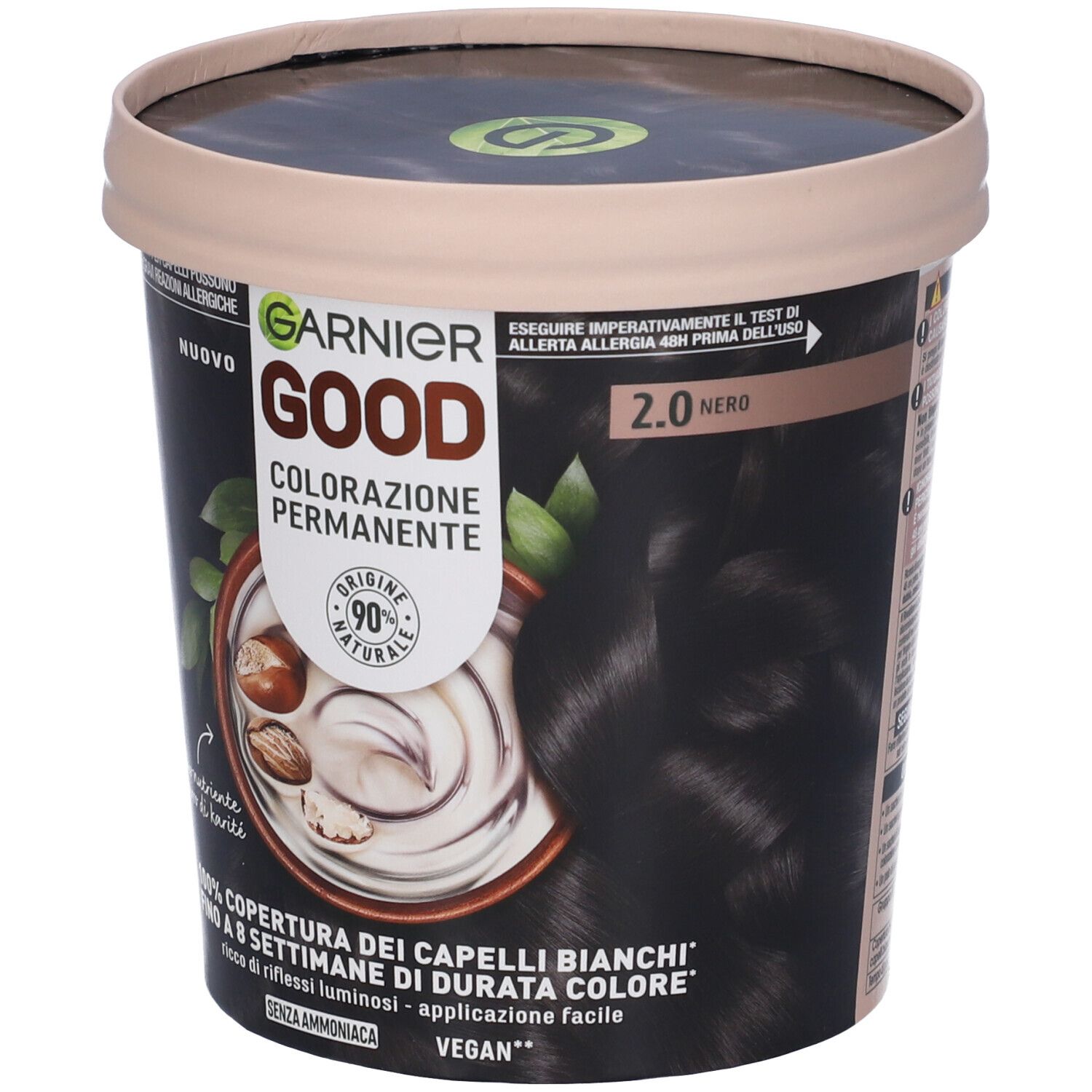Garnier Good Colorazione Permanente 2.0 Nero. Tinta per capelli nera in contenitore rotondo. Logo e dettagli.