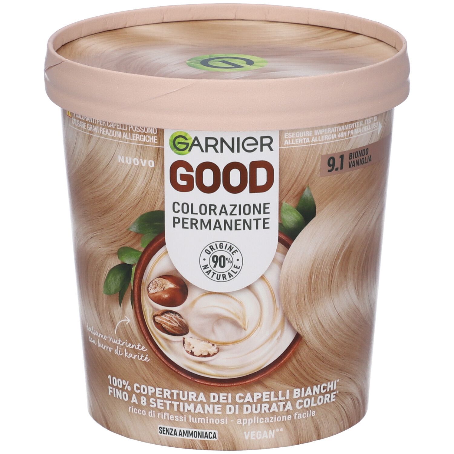 Confezione di Garnier Good Colorazione Permanente 9.1 Biondo Vaniglia. Contenitore beige con immagine del prodotto e testo.