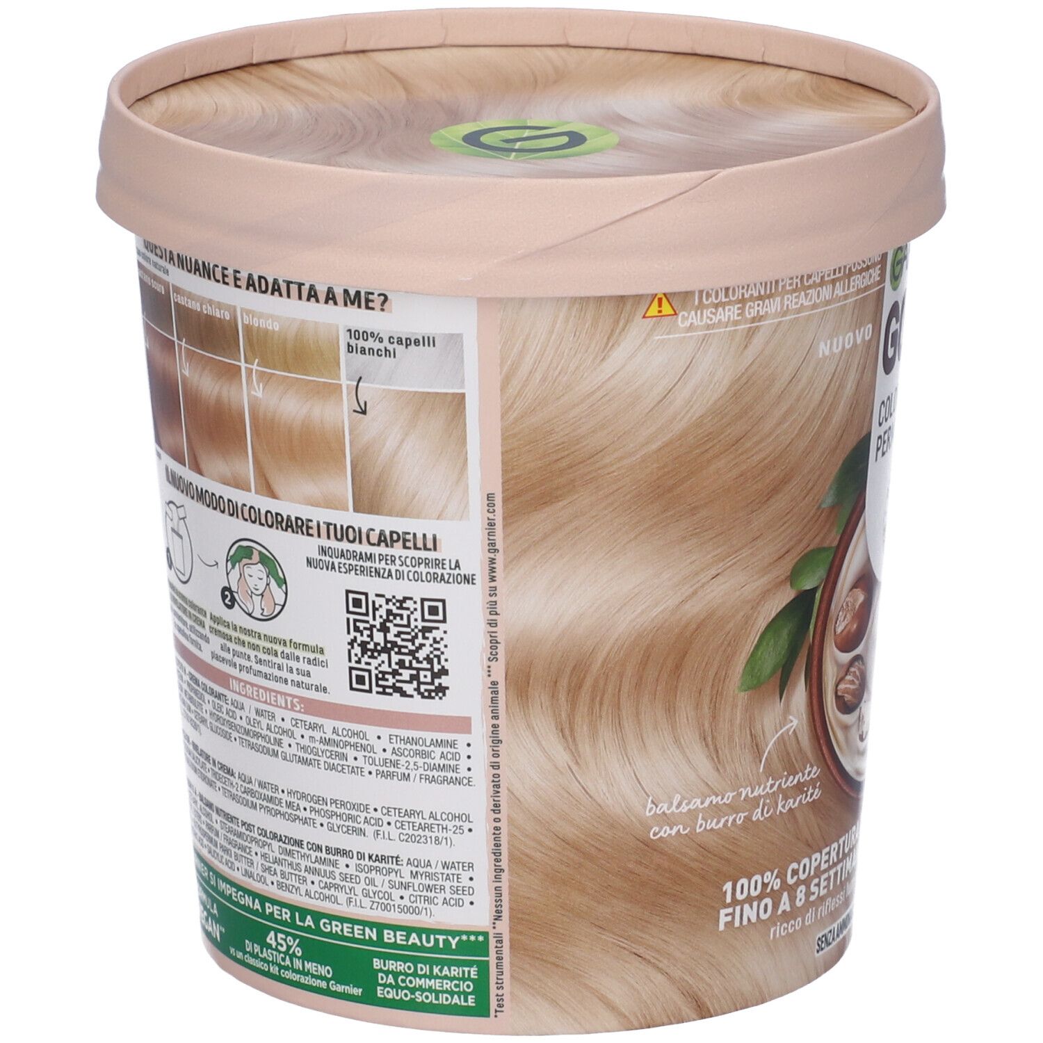 Retro della confezione di Garnier Good Colorazione Permanente. Informazioni sul prodotto, esempi di colore e ingredienti.