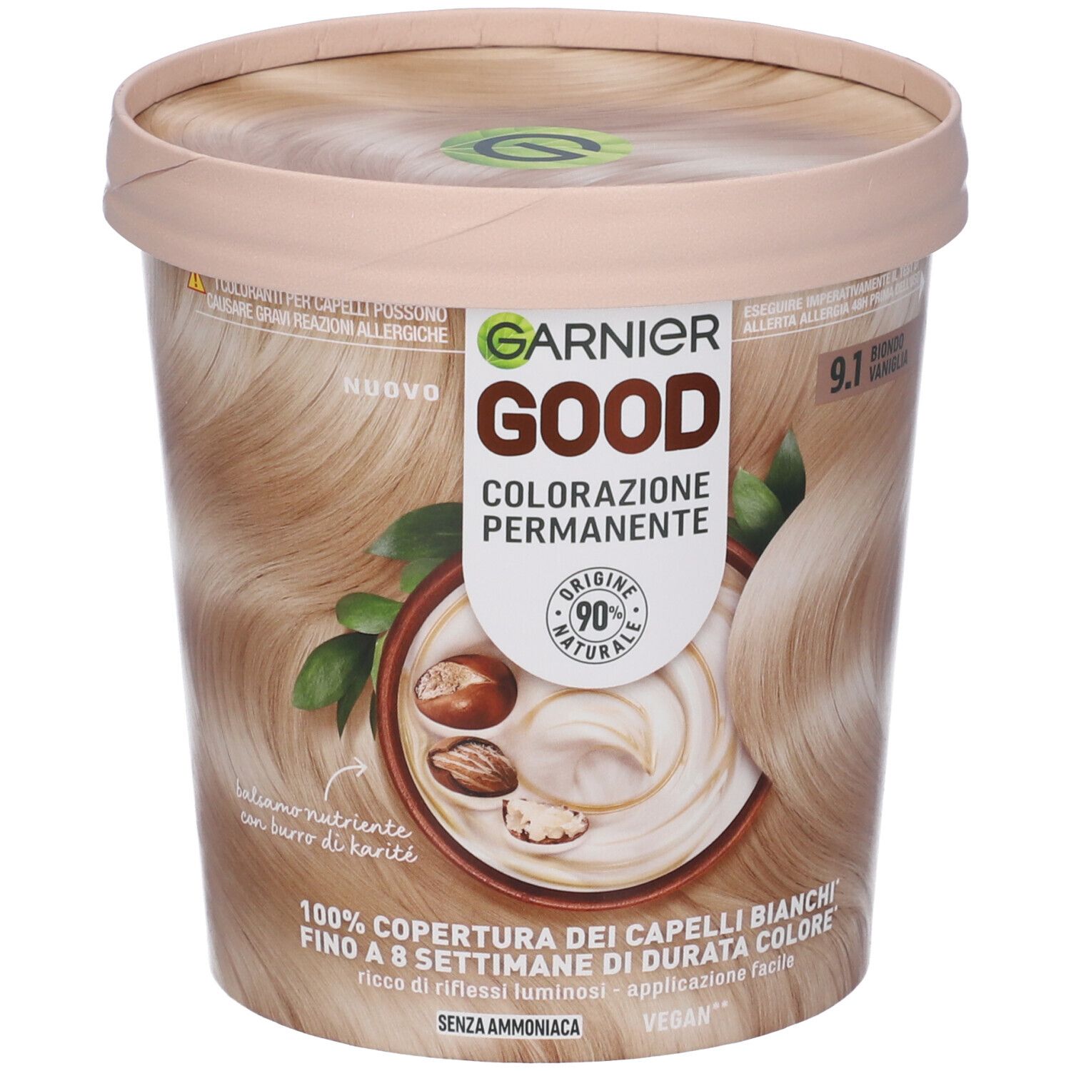 Confezione di Garnier Good Colorazione Permanente 9.1 Biondo Vaniglia. Contenitore beige con immagine del prodotto.
