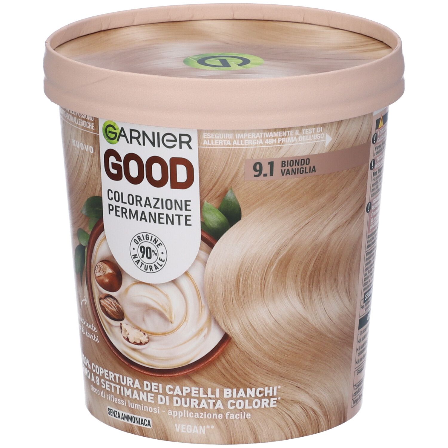 Confezione di Garnier Good Colorazione Permanente 9.1 Biondo Vaniglia. Contenitore beige con immagine del prodotto.