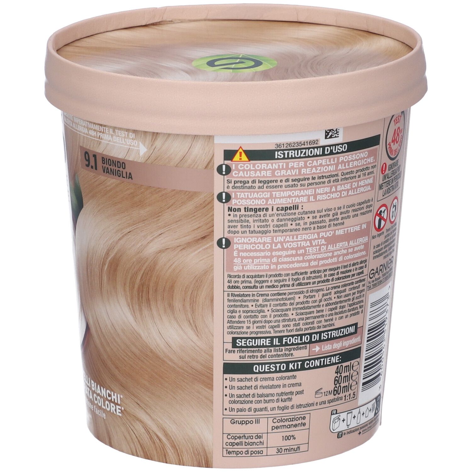 Retro della confezione di Garnier Good Colorazione Permanente 9.1 Biondo Vaniglia. Informazioni sul prodotto e ingredienti.