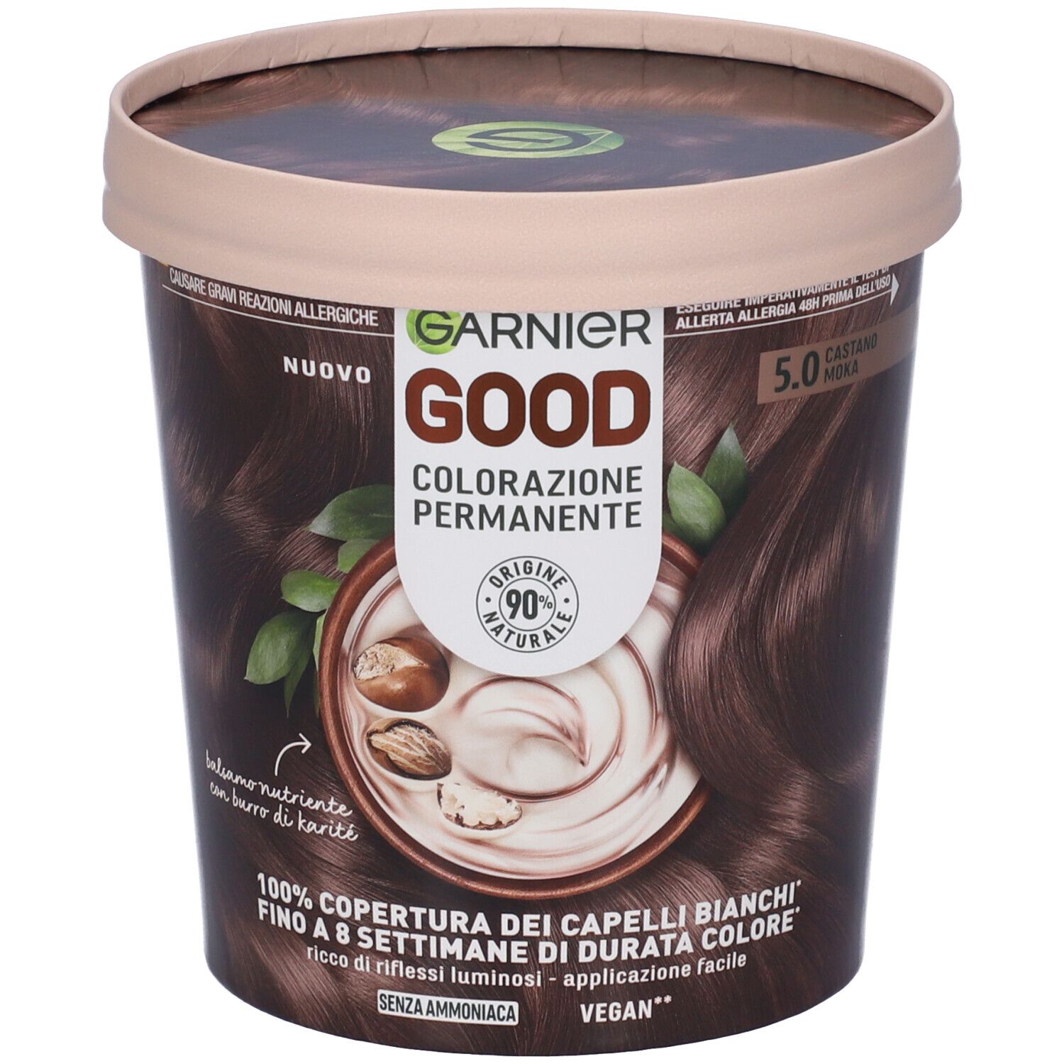 Colorazione permanente Garnier Good 5.0 Castano Moka. Confezione rotonda con immagine e testo. Contiene il 90% di ingredienti naturali.