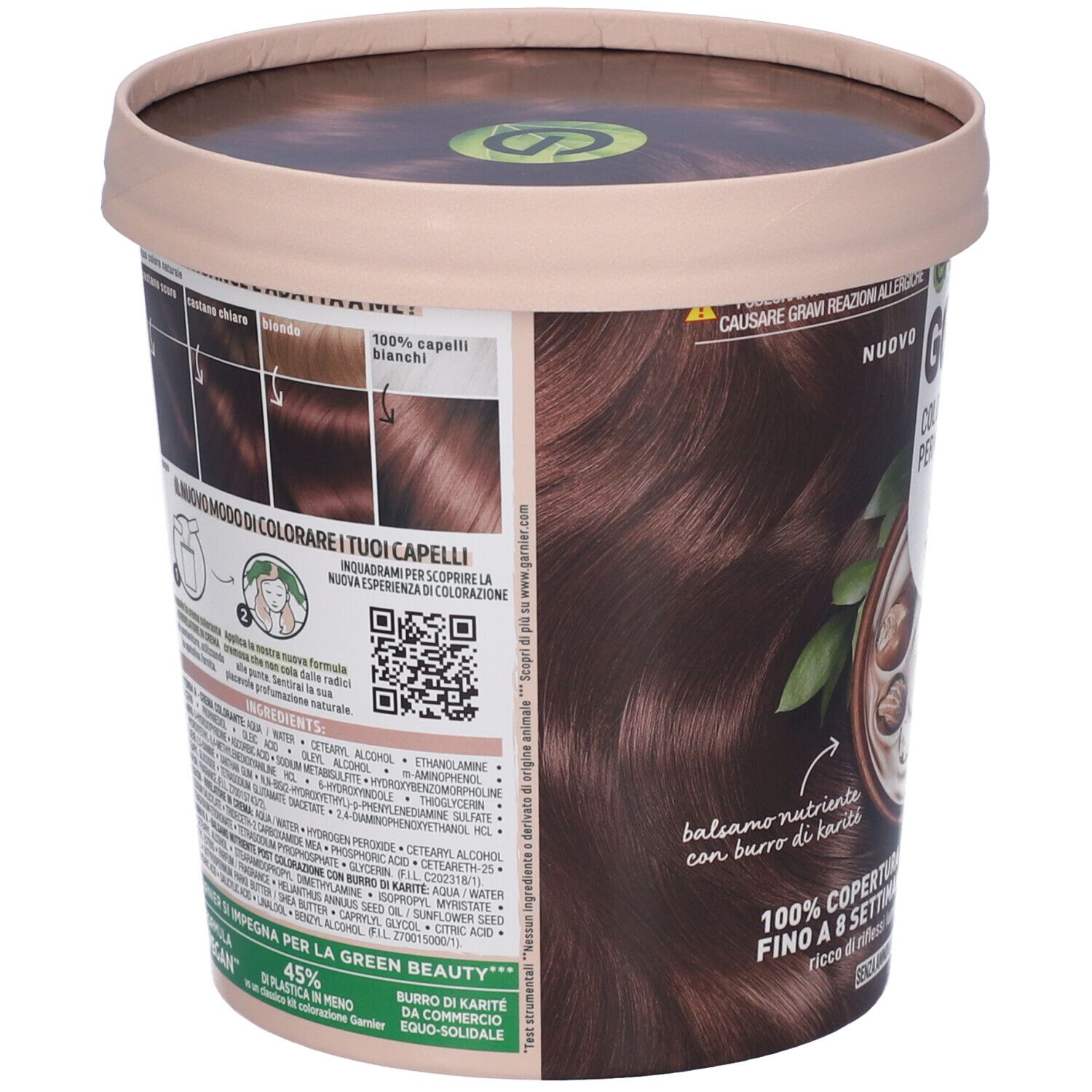 Retro della confezione della colorazione Garnier Good. Contiene informazioni, esempi di colore e codice QR. Copertura al 100%.