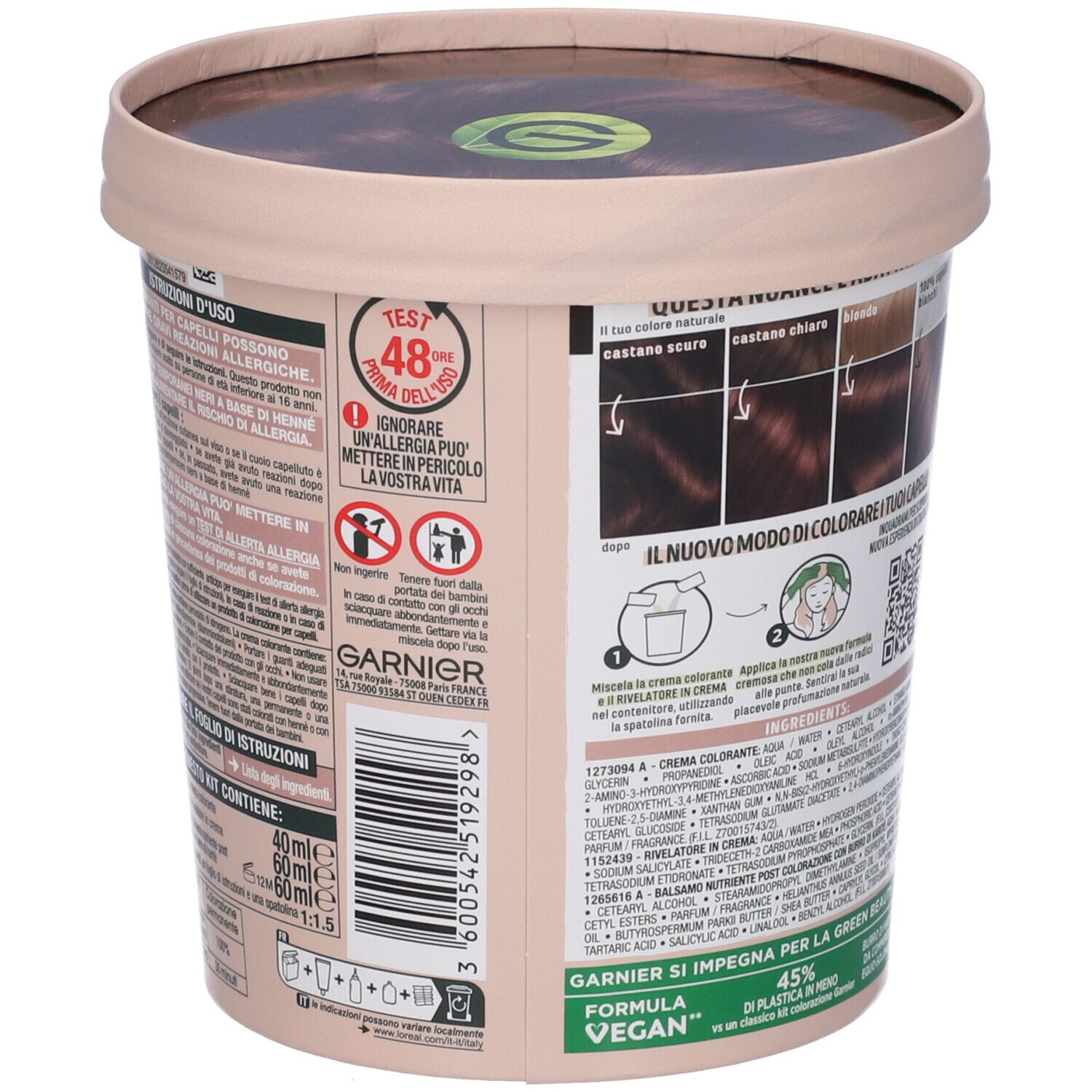 Retro della confezione della colorazione Garnier Good. Contiene avvertenze, istruzioni e ingredienti. Vegano.