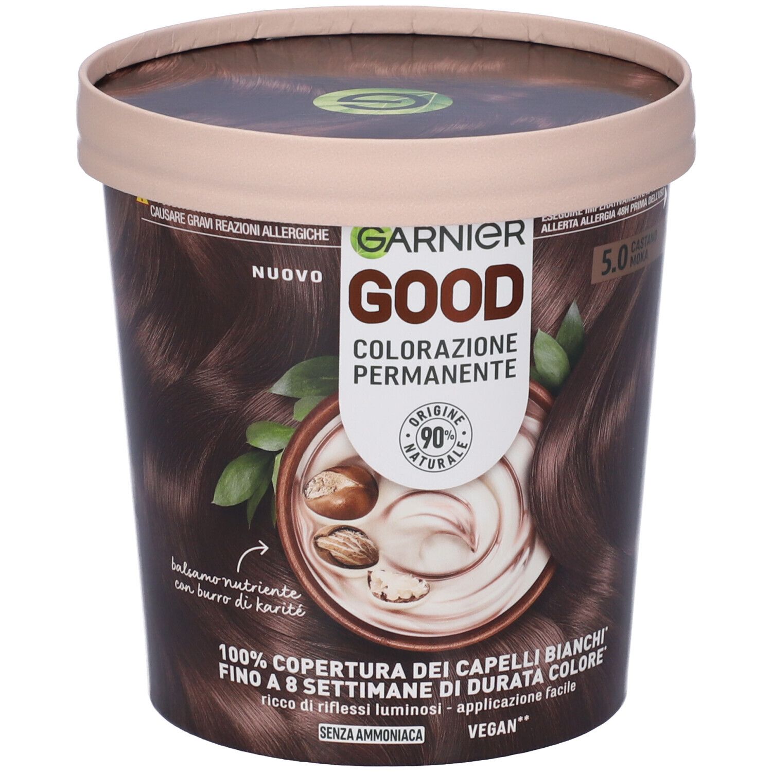 Colorazione Garnier Good 5.0 Castano Moka. Confezione rotonda con immagine e testo. Copertura al 100%, senza ammoniaca.