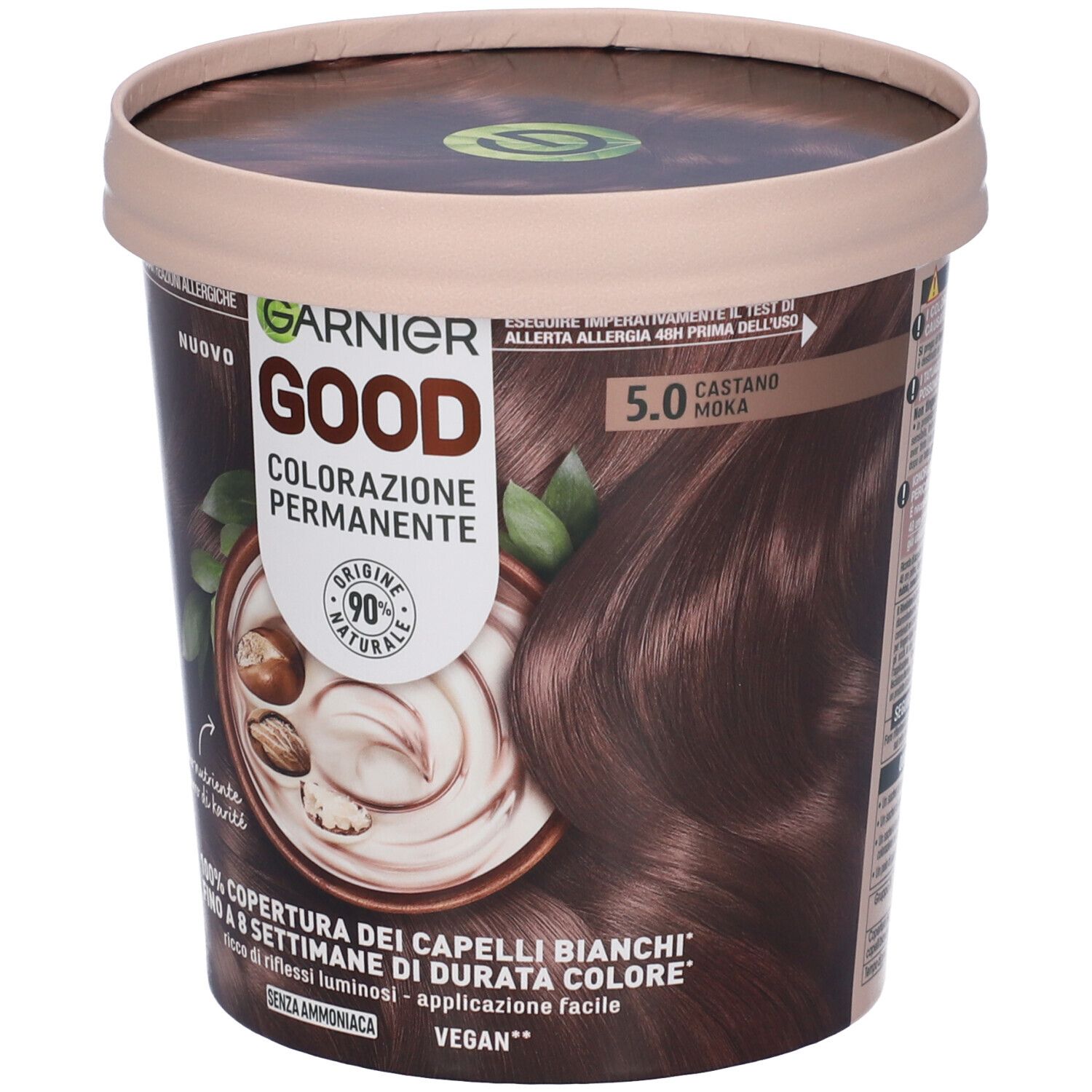 Colorazione Garnier Good 5.0 Castano Moka. Confezione rotonda con immagine e testo. 90% ingredienti naturali.
